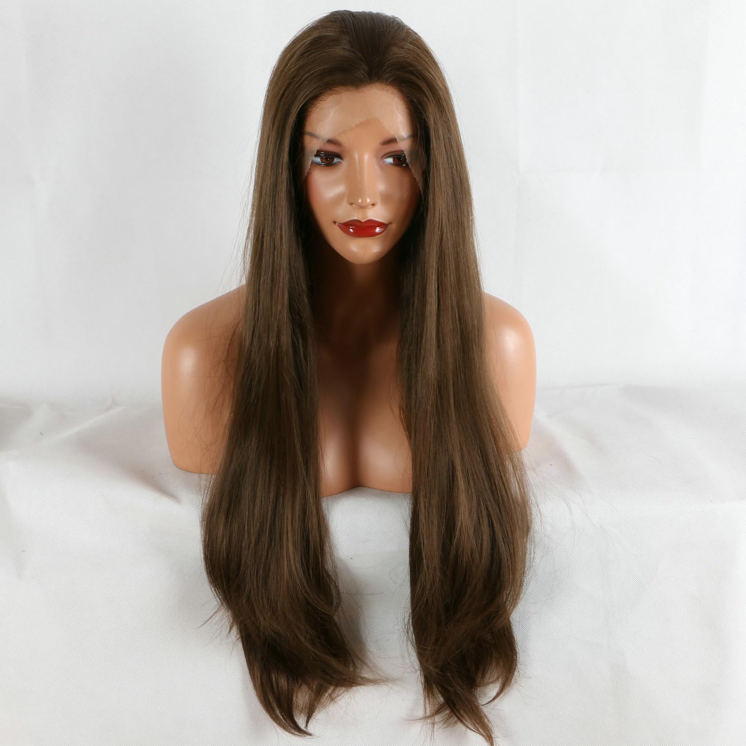 Kalisa Brown Lace Front Wig for Women High Density Long Silky Straight Dark Brown Natural Color Glueless Wig Heat Resistant Fiber Synthetic Pre Plucked Wigs for Daily Use Cosplay 24inch