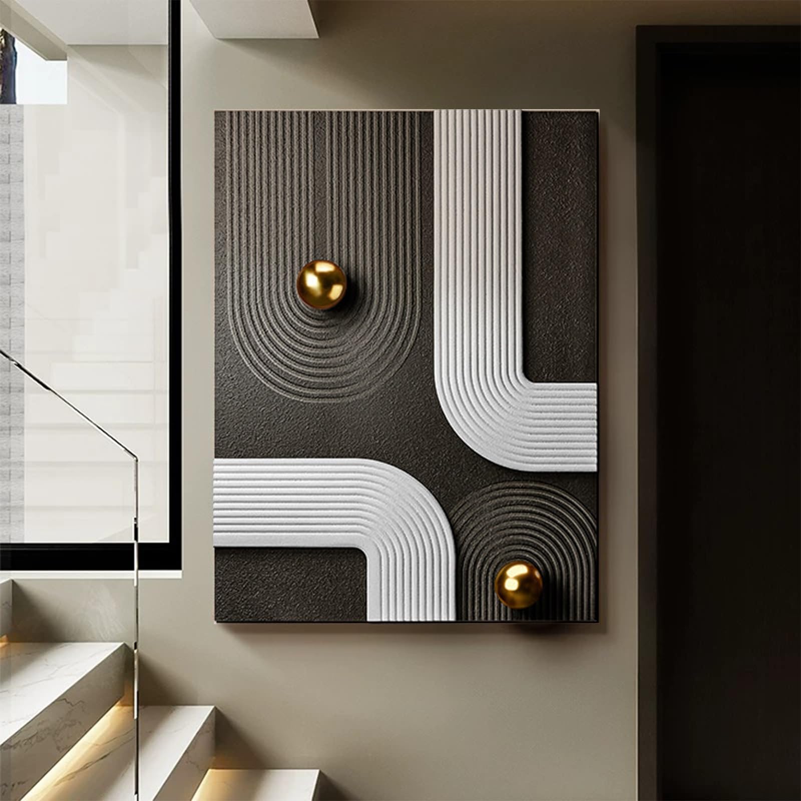 SYXHJTFZ 3D Sandstone Vertical Abstract Wall Art, Minimalist Geometric Wall Decor with Metal Ball for Living Room Bedroom Foyer(C,70 * 100cm/27.6 * 39.4in)