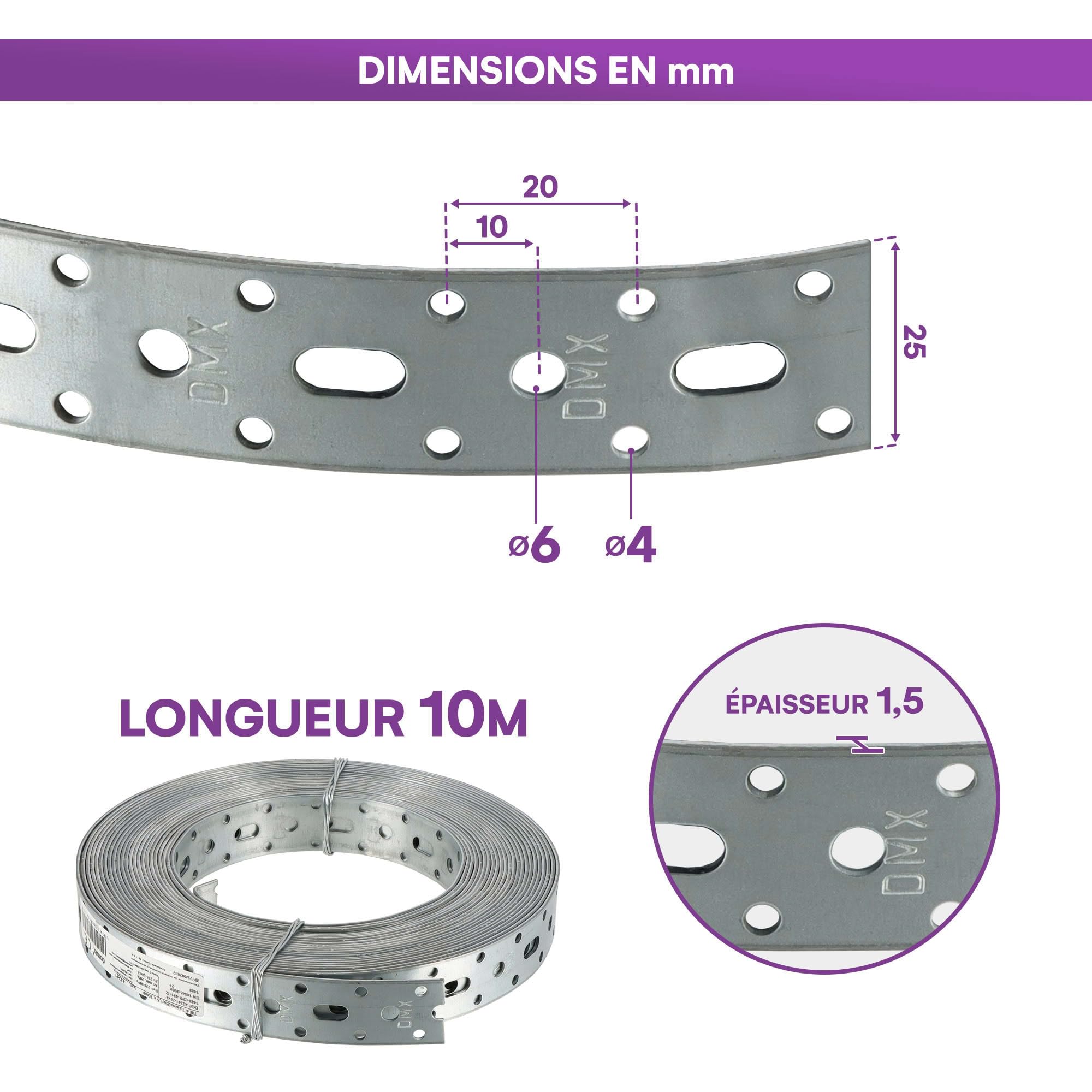 Feuillard perforé galvanisé - 25 x 1,5 mm x 10 mètres