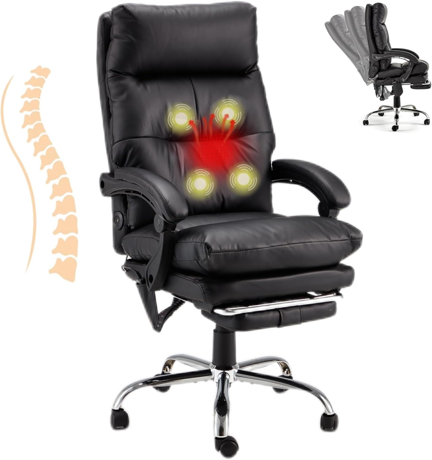 HOMREST Ergonomic Heated Reclining Office Chair with USB Charging, 4-Point Vibration Massage, Adjustable Armrests, and Footrest – Premium Leather Desk Chairs for Home and Office (Black)