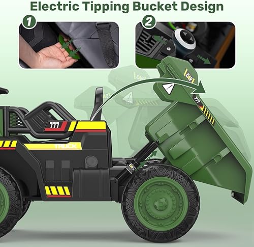 Miniatura 2 de ANPABO Camión volquete de 12 V con control remoto, cama eléctrica y pala extra, vehículo de construcción con reproductor de música, arranque clave