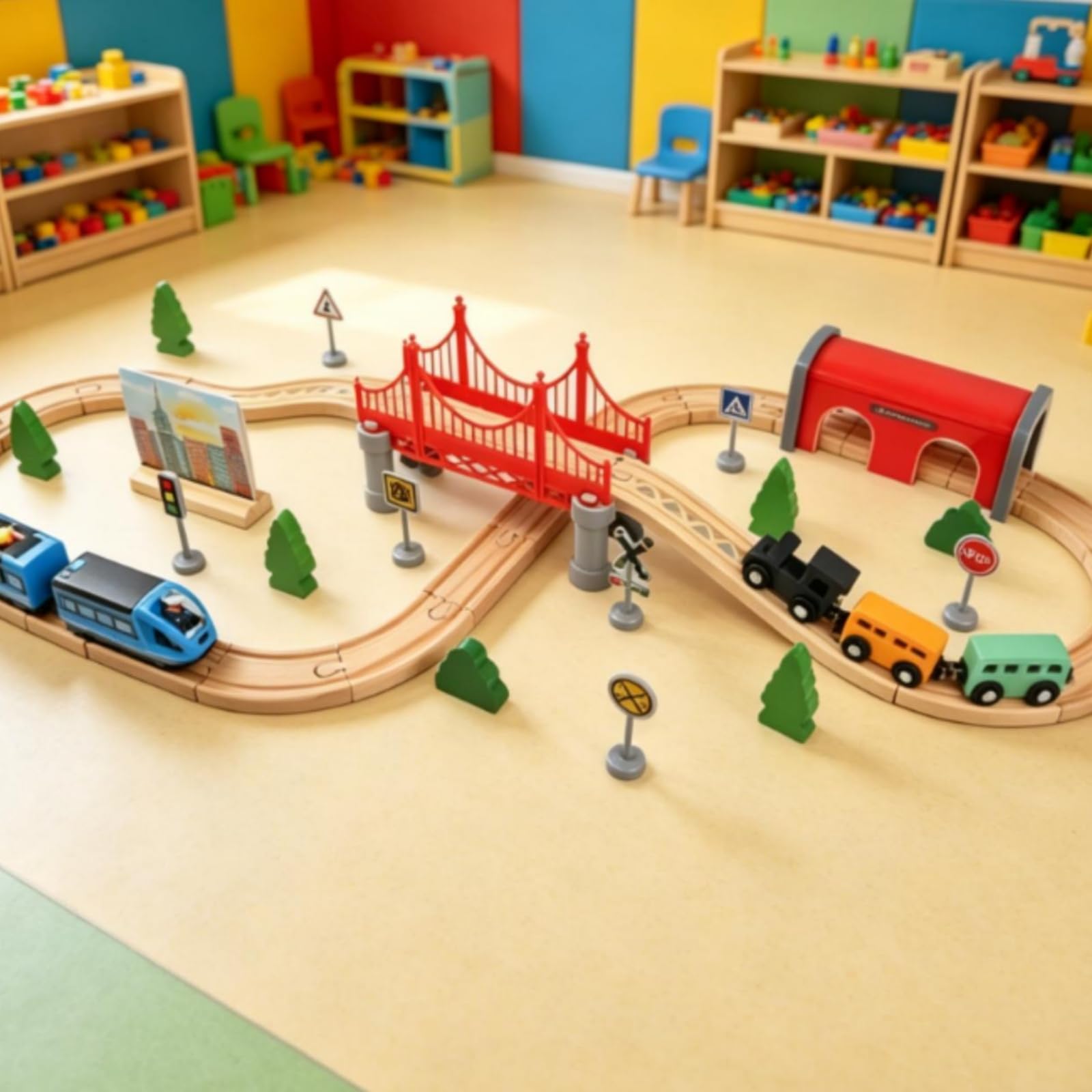 Pista Tren Madera Encajable Vías Encajables Madera Árboles y Señales Accesorio vía Tren