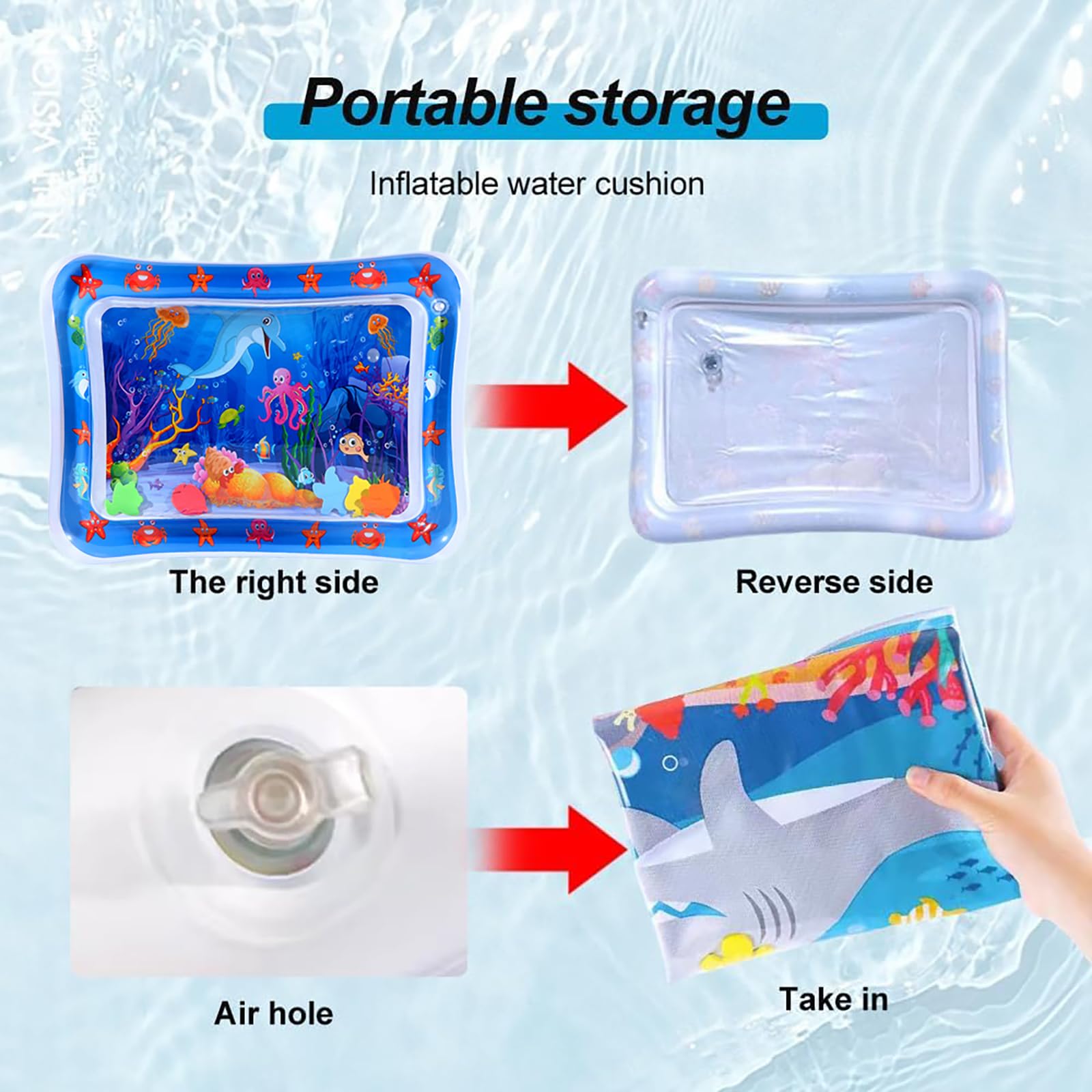 Vinuwu Tappetino gonfiabile ad acqua spesso e confortevole, 50 x 69 cm, delfino con 10 adesivi