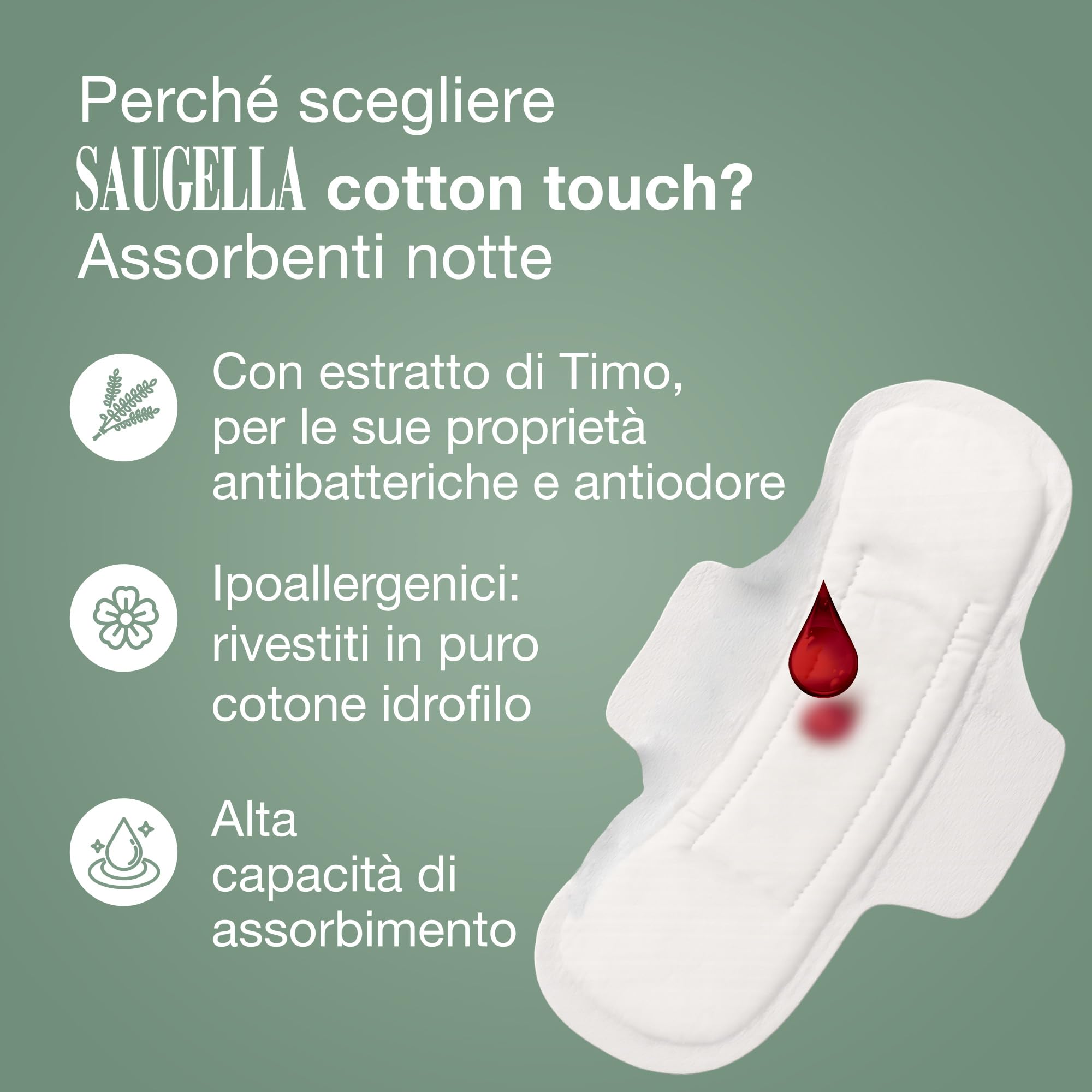 Saugella Assorbenti Cotton Touch Notte, 36 Assorbenti Cotone Notte con Ali, Azione Antibatterica, Antiodore e Lenitiva