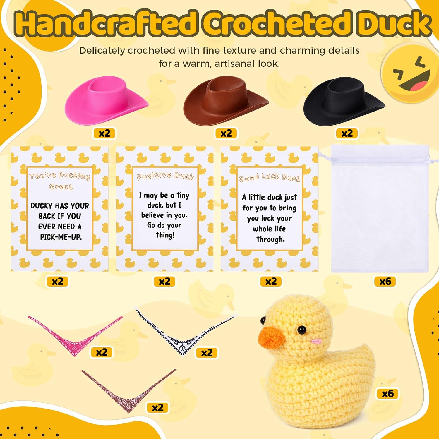 Suncalla 6 Pack Mini Cowboy Duck Emotional Knitted Crochet Duck Bulk with Hat and Scarf Cowboy Party Favors with Inspirational Card for Adults Christmas Birthday Gift Party Decoration Encouragement