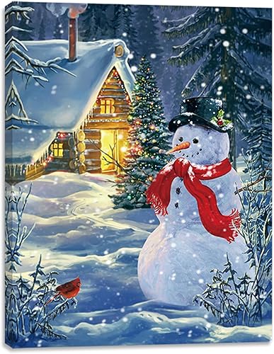 alottagifts Hermoso lienzo iluminado de muñeco de nieve para pared, de 16 x 12 pulgadas con temporizador, lienzo LED para pared (hermoso muñeco de