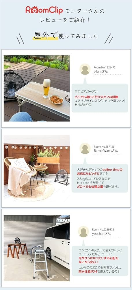 Amazon | ユアサプライムス 充電式扇風機 DCモーター 防水 IPX4