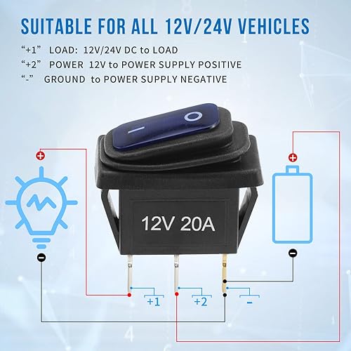 Miniatura 5 de Interruptor basculante de 12 V, impermeable, 5 piezas, interruptor de palanca de 12 voltios con 3 cables desmontables de 7.9 in, interruptores SPST