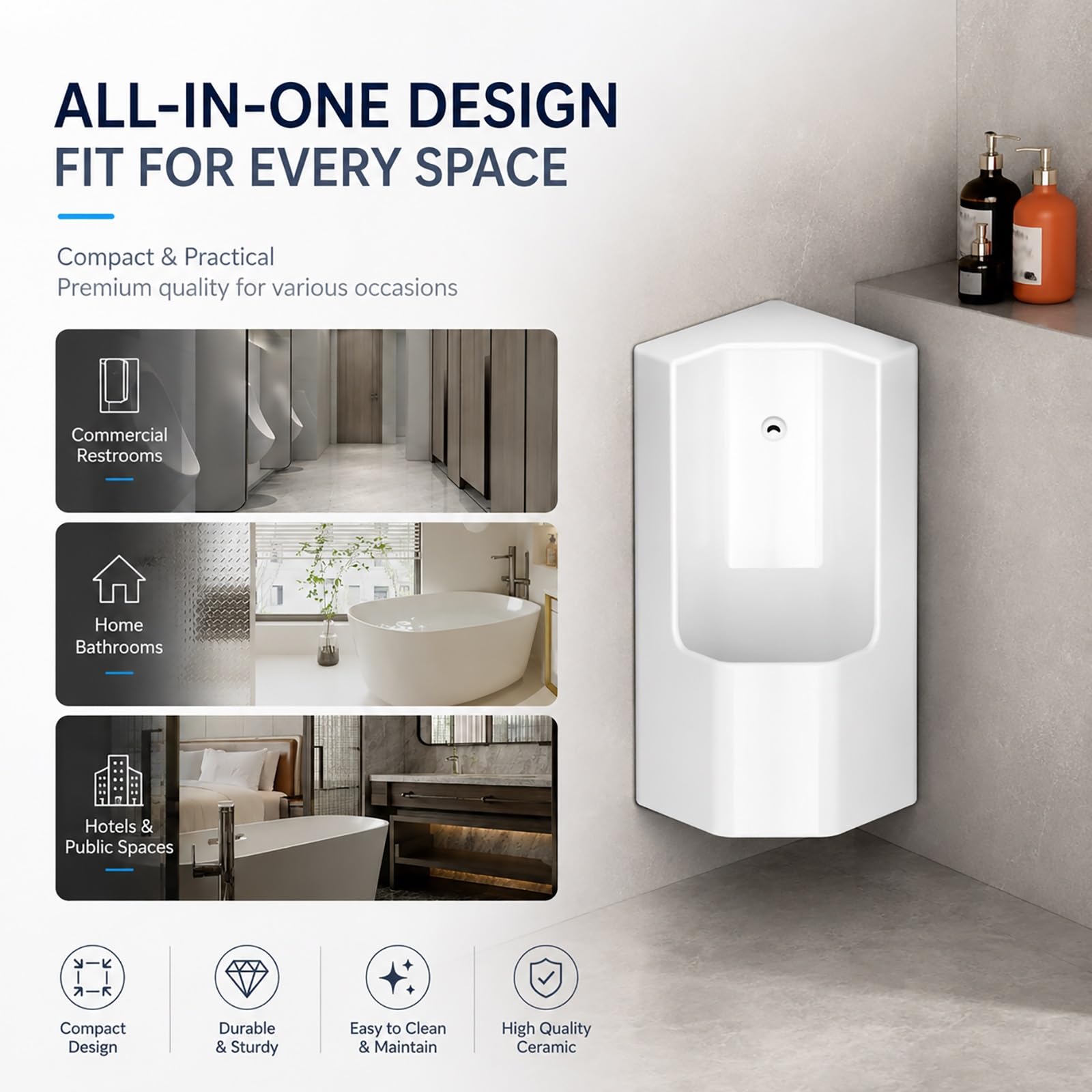 Naścienny ceramiczny pisuar narożny dla mężczyzn z automatycznym czujnikiem spłukiwania, oszczędność miejsca i odporny na zachlapanie design do domu, hotelu, garażu, toalety komercyjnej