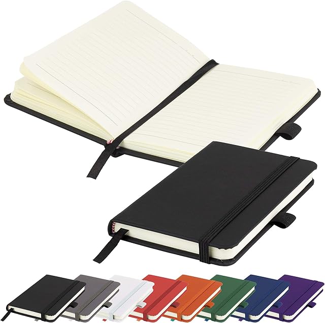 A6 Notebook New Small Pocket Hardback Lined Journal Notepad Note Book Pad with Pen Loop, 196 Page, Elastic Closure and Ribbon Marker Notepad Note Book Notes Pad (Black)