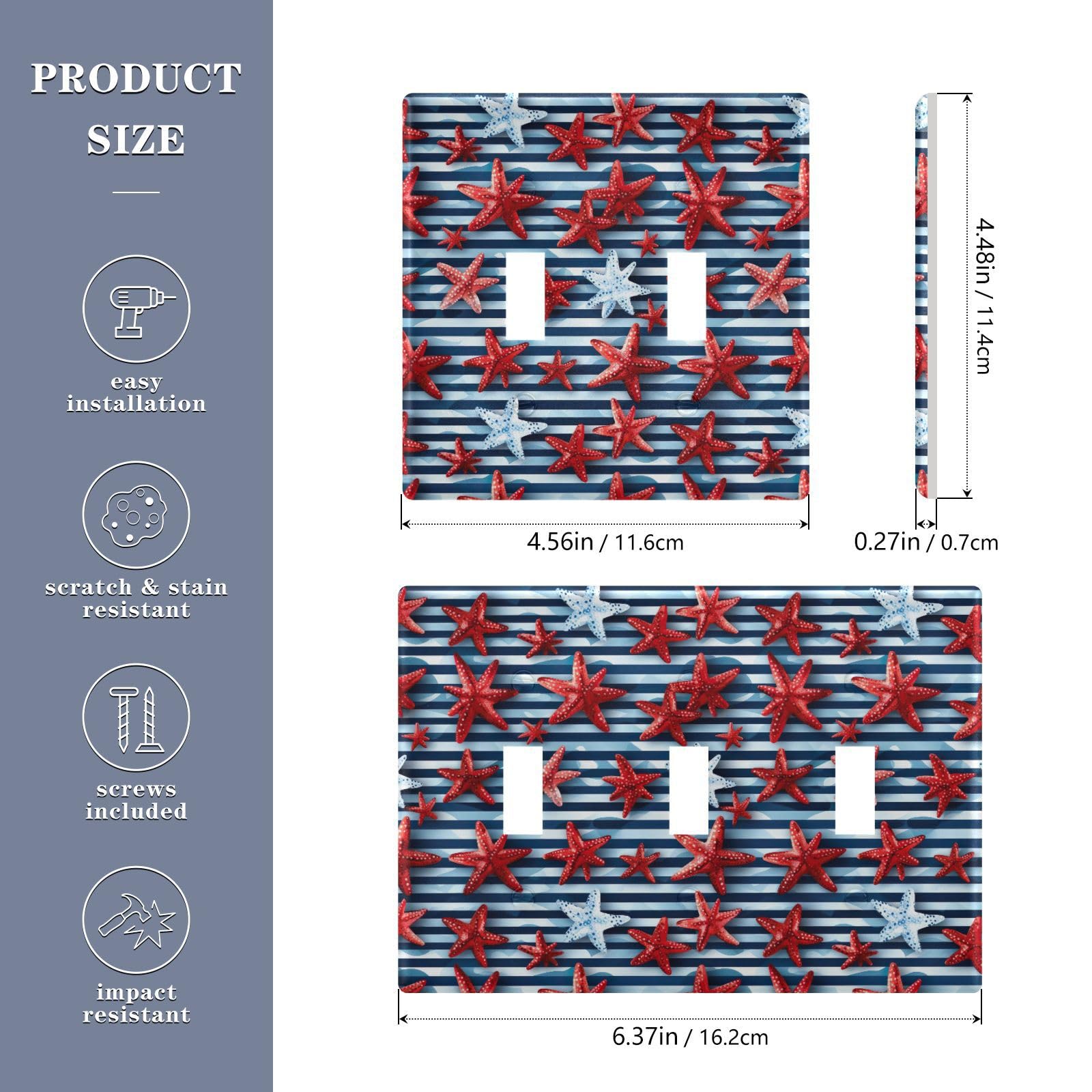 Light Switch Cover Starfish Blue Stripe Wall Plates for Electrical Outlets 3 Gang 202a8801