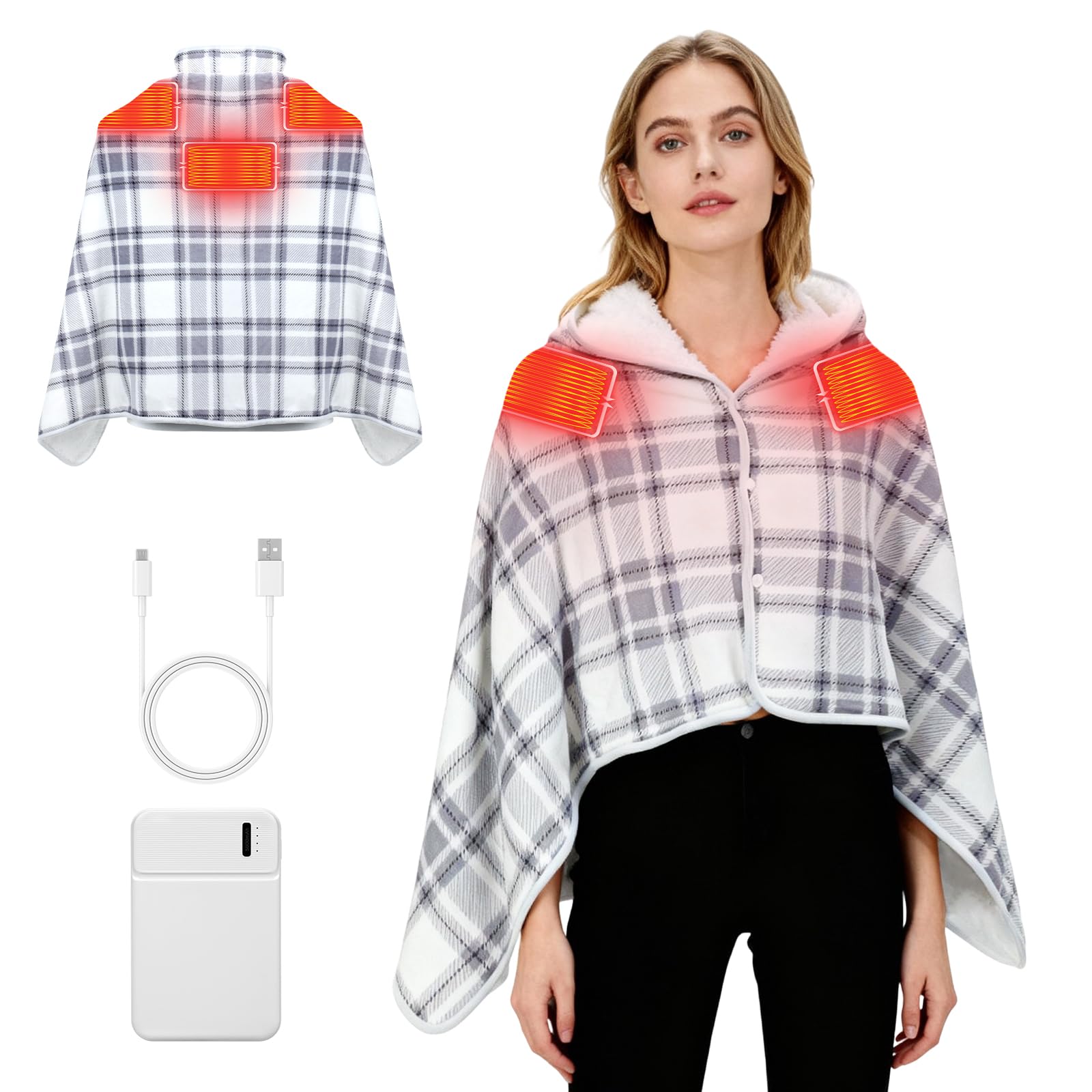 USB Plaid Electric Heated Shawl Blanket, Women Multiway Plaid Poncho Shawl Wrap Fleeced We...