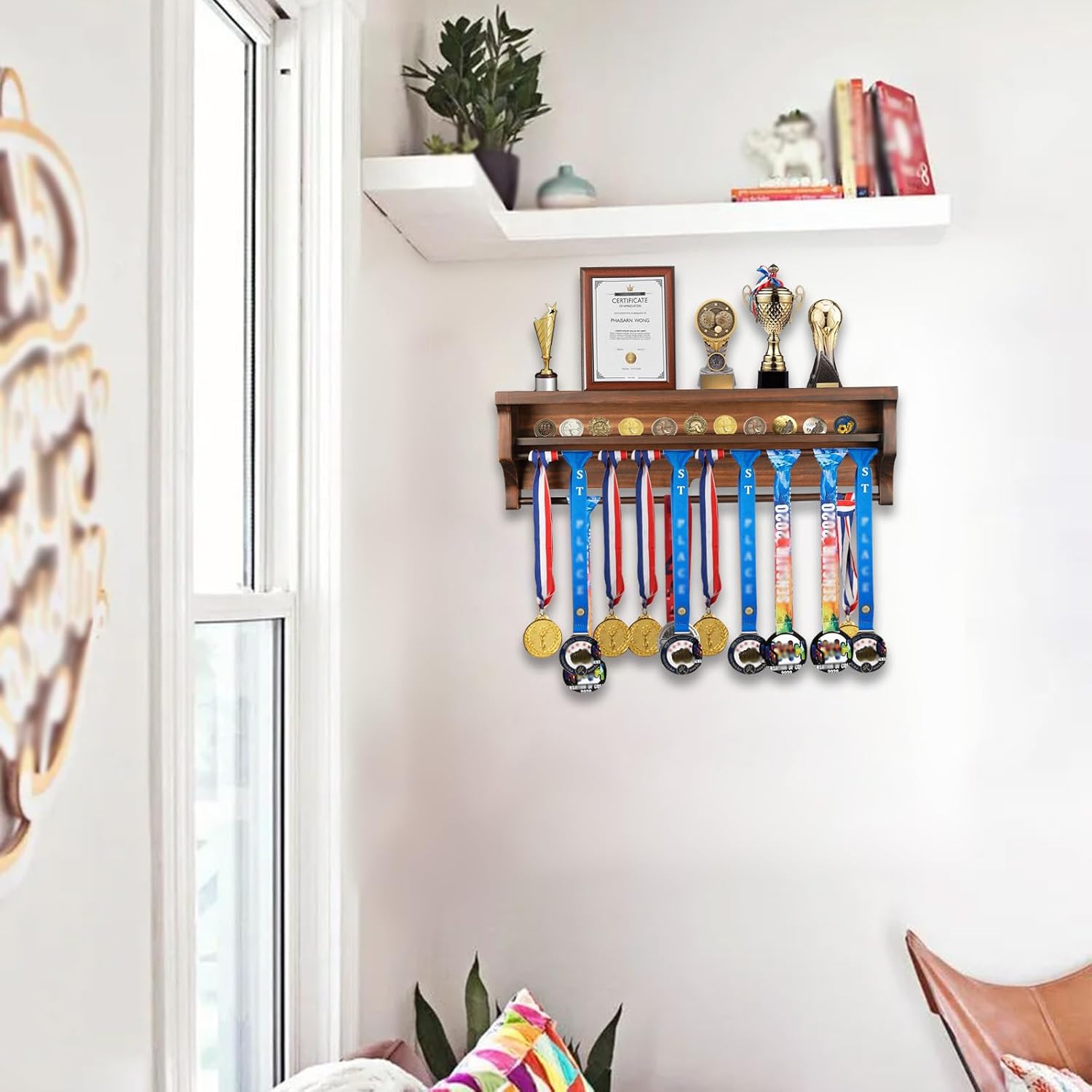 IHEIPYE Solid Wood Medal Hanger Display Shelf Medal Holder, Wall Mount Medal Rack Display Holder for Runners, Marathon, Race Winner,Soccer, Football, Gymnastics & All Sports-Walnut