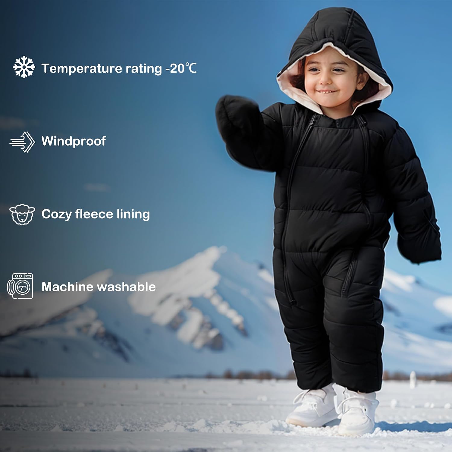 uideazone Baby Double Zipper Footed Hooded Fleece Lined Snowsuit 3-24M | Toddler Winter Clothes Infant Girls Boys Padded Puffer Jumpsuit Coat Diaper Change Windproof Warmth for Cold Weather Outing