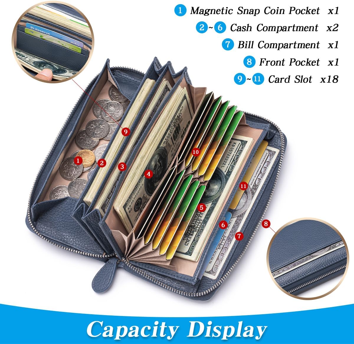 Wallets for Women RFID Blocking Real Leather Extra Long Large Capacity Zipper Clutch Wallet with 18 Card Slots,Navy Blue - Image 2