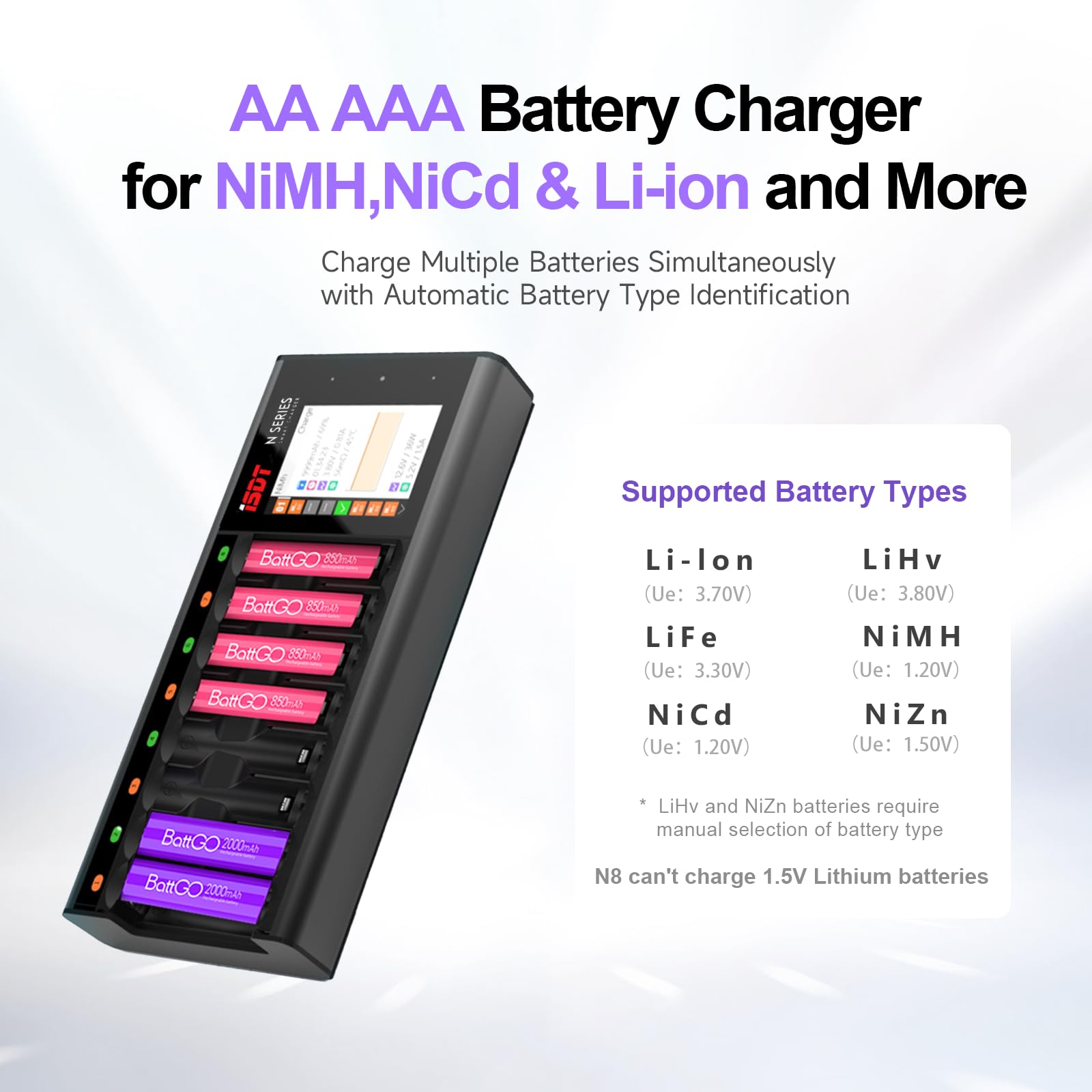 ISDT Cargador de batería inteligente N8, identificación automática del tipo de batería, compatible con baterías cilíndricas AA/AAA Li-Ion/LiHv/LiFe/NiMH/NiCd/NiZn, interfaz de operación multifunción