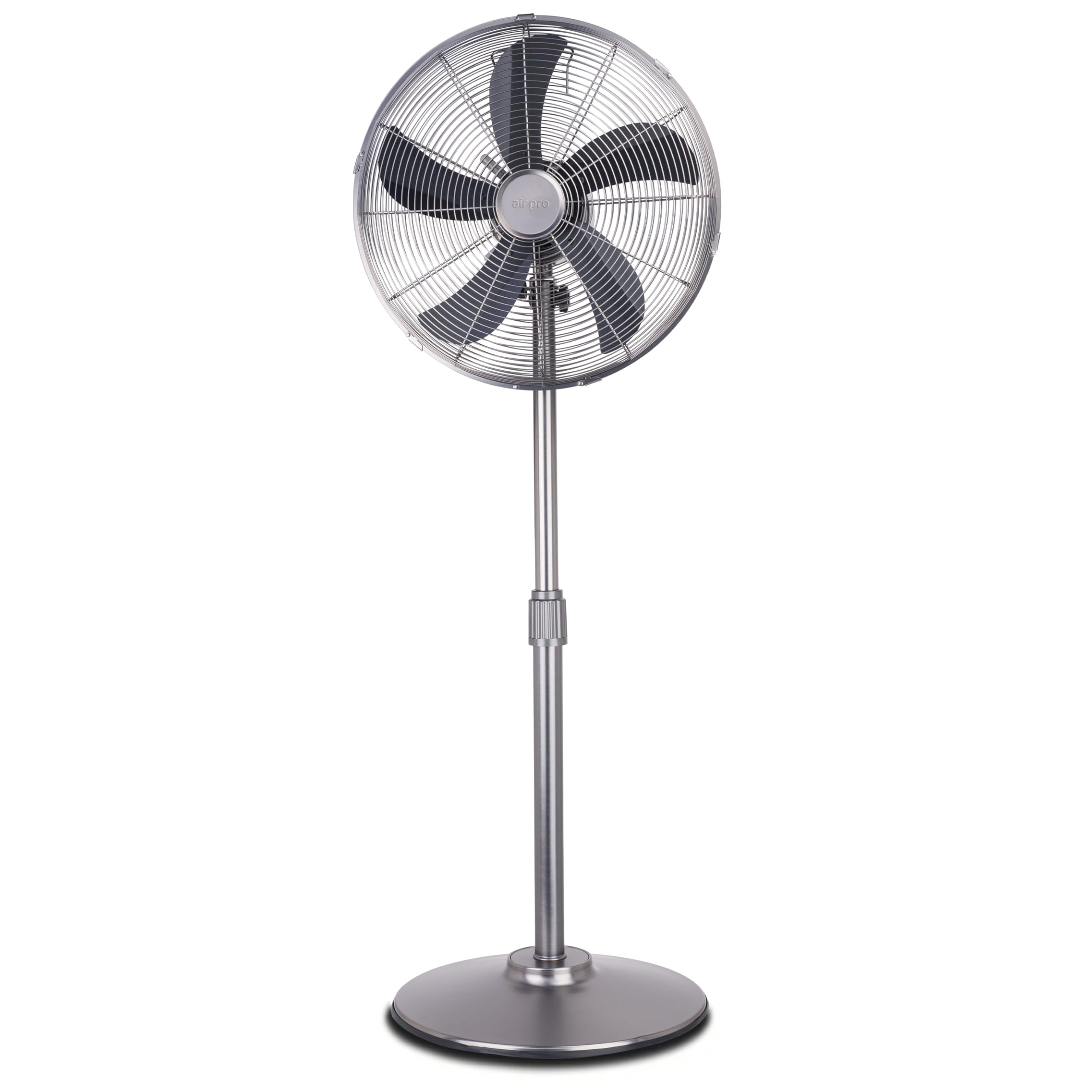 Air Pro 16" Pedestal Fan Adjustable Height Metal Standing Fan Wide-Angled Oscillation With Powerful Airflow For Instant Cooling 4 Speeds Compact with Quiet Operation to use at Home Office or Bedroom