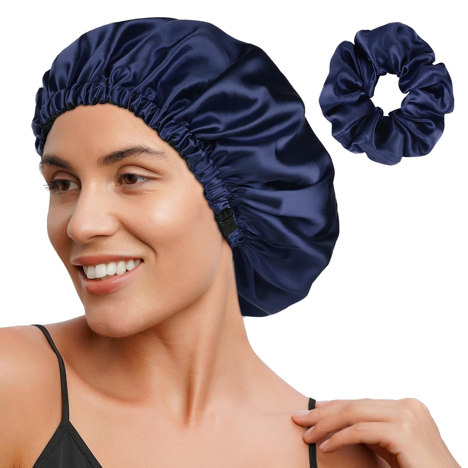 YANIBEST Adjustable Silk Bonnet Double Layer Satin Bonnet Hair Bonnet for Sleeping Bonnets for Women Hats Curly Natural Hair, Navy Blue One Size Navy Blue