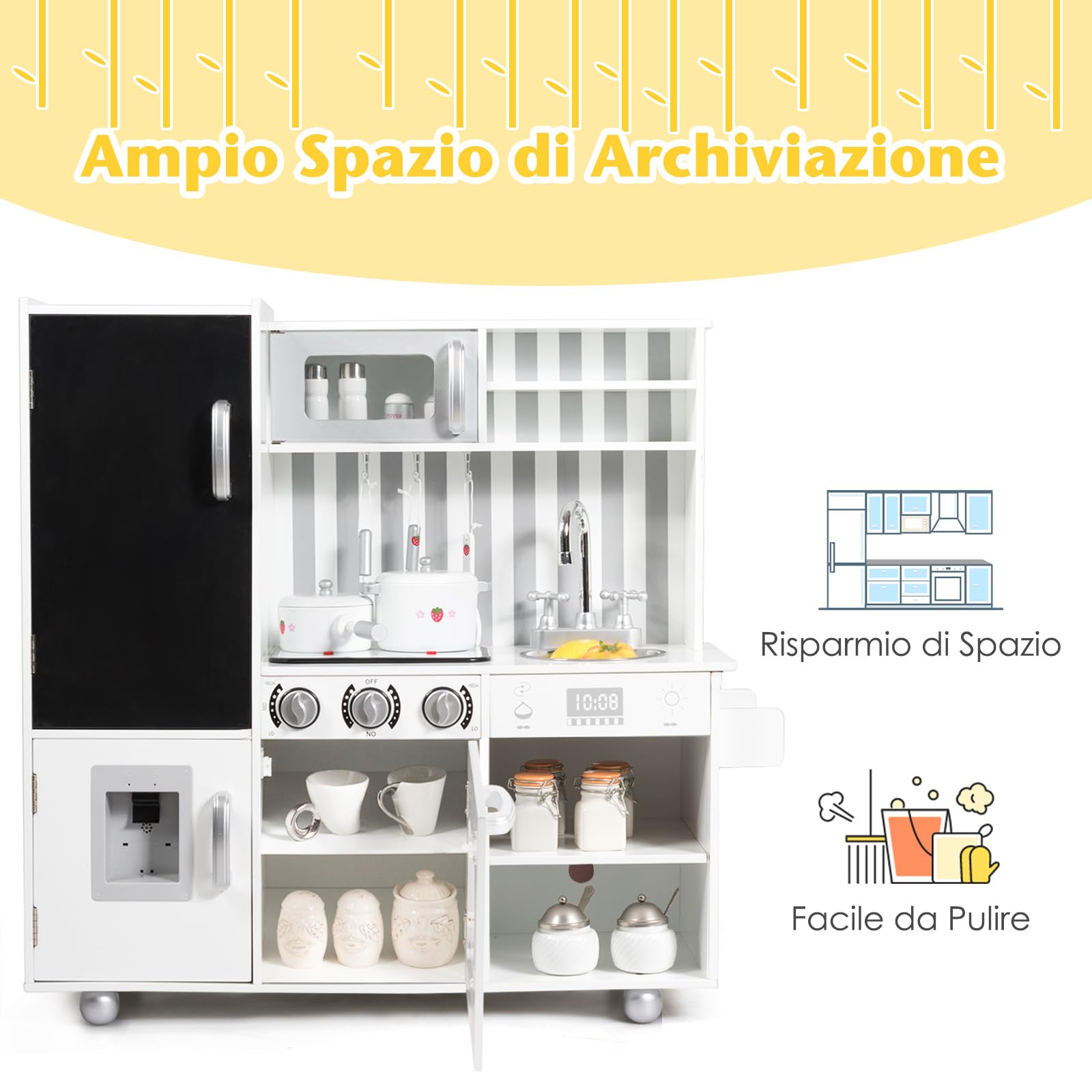 COSTWAY Cucina Giocattolo per Bambini, Cucina per Bambini con Suoni, Lavagna, Lavello, Piano Cottura e Vari Scomparti, 3 Anni+
