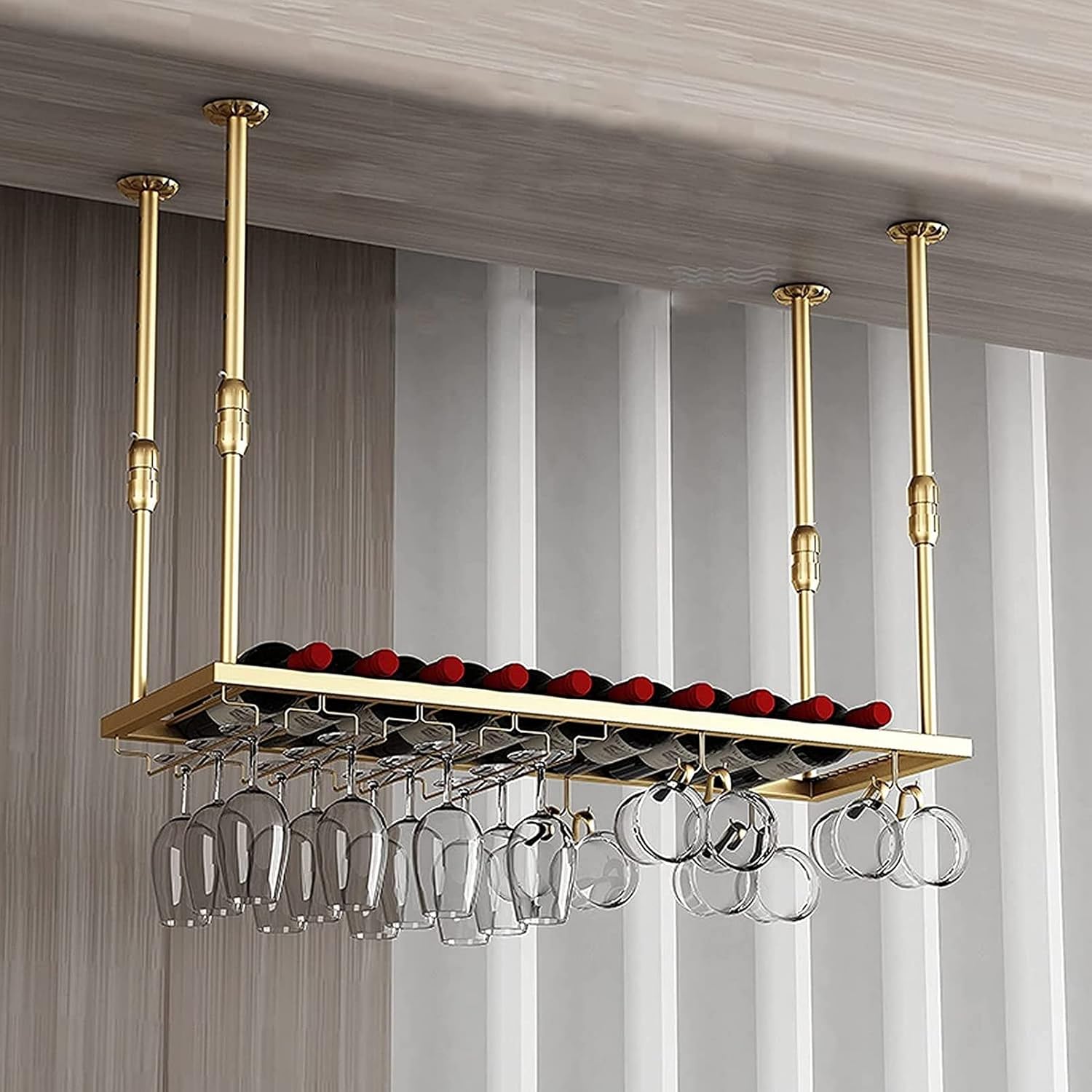 European Hanging Wine Glass Rack Adjustable Height Ceiling Decoration Shelf for Wine Glass and Bottle Storage Big Capacity and Easy to Install Gold Finish 100 Bottle Capa