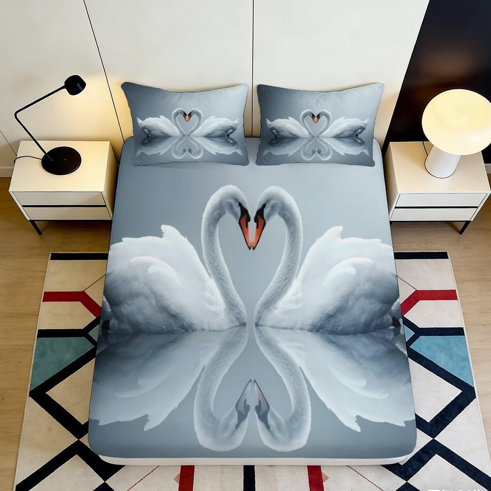 3D Printed Swan Heart Fitted Sheet Microfiber Soft Grey Bed Cover Elegant White Swan for Bedroom Dorm Decor 90x200x25cm