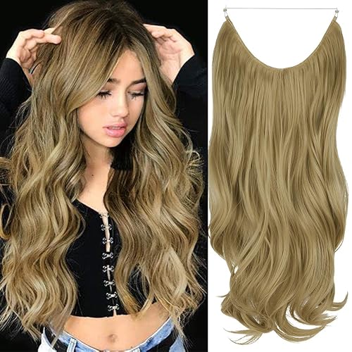 Extensión de cabello rubio ceniza, rizado, largo, sintético, postizo de cabello rubio, 18 pulgadas, 4.2 oz, con diadema de alambre invisible para