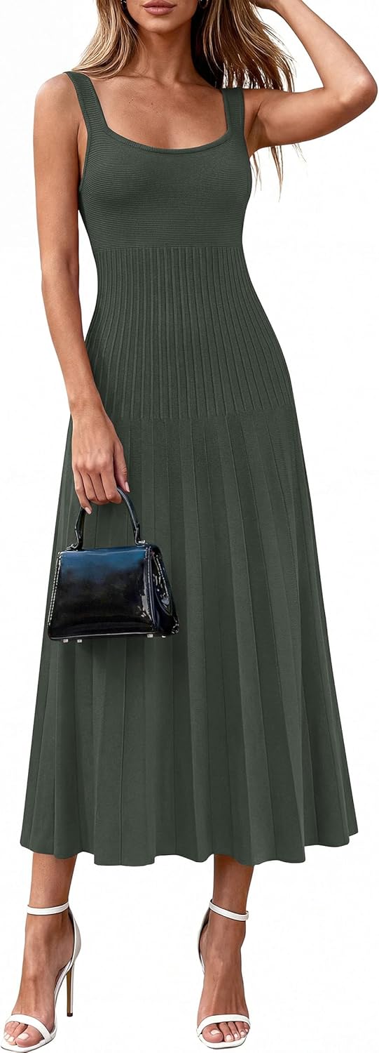 PRETTYGARDEN Spring Dresses for Women 2026 Summer Casual Sleeveless Square Neck A Line Knit Pleated Midi Cocktail Party Dress