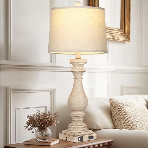 Miniatura 6 de Juego de 2 lámparas de mesa estilo granja de 29 pulgadas para sala de estar, lámparas de noche vintage con puertos USB C+A y salida de CA, control