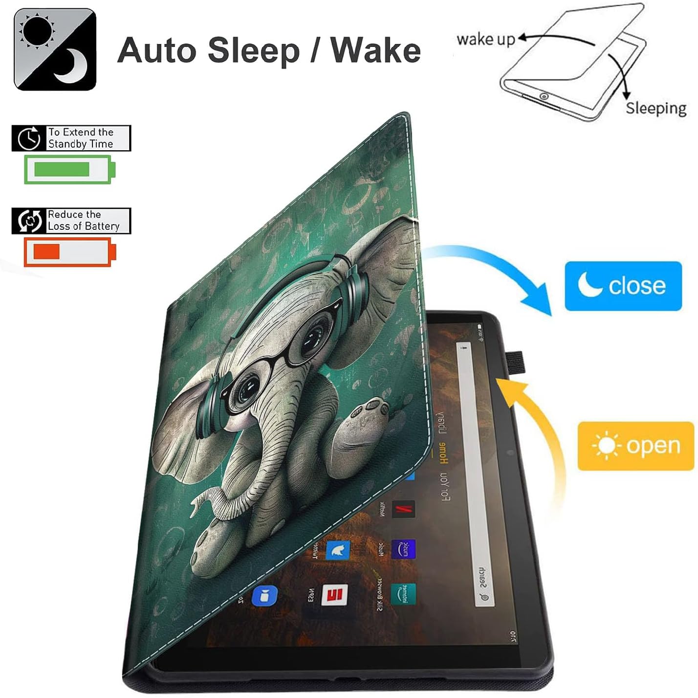 Case for Amazon Kindle Fire HD 8 Tablet 8"(12th/10th Generation, 2022/2020 Release) & HD 8 Plus Tablet，Slim Fit Foldable Standing Cover Case with Auto Sleep/Wake,Cool Elephant
