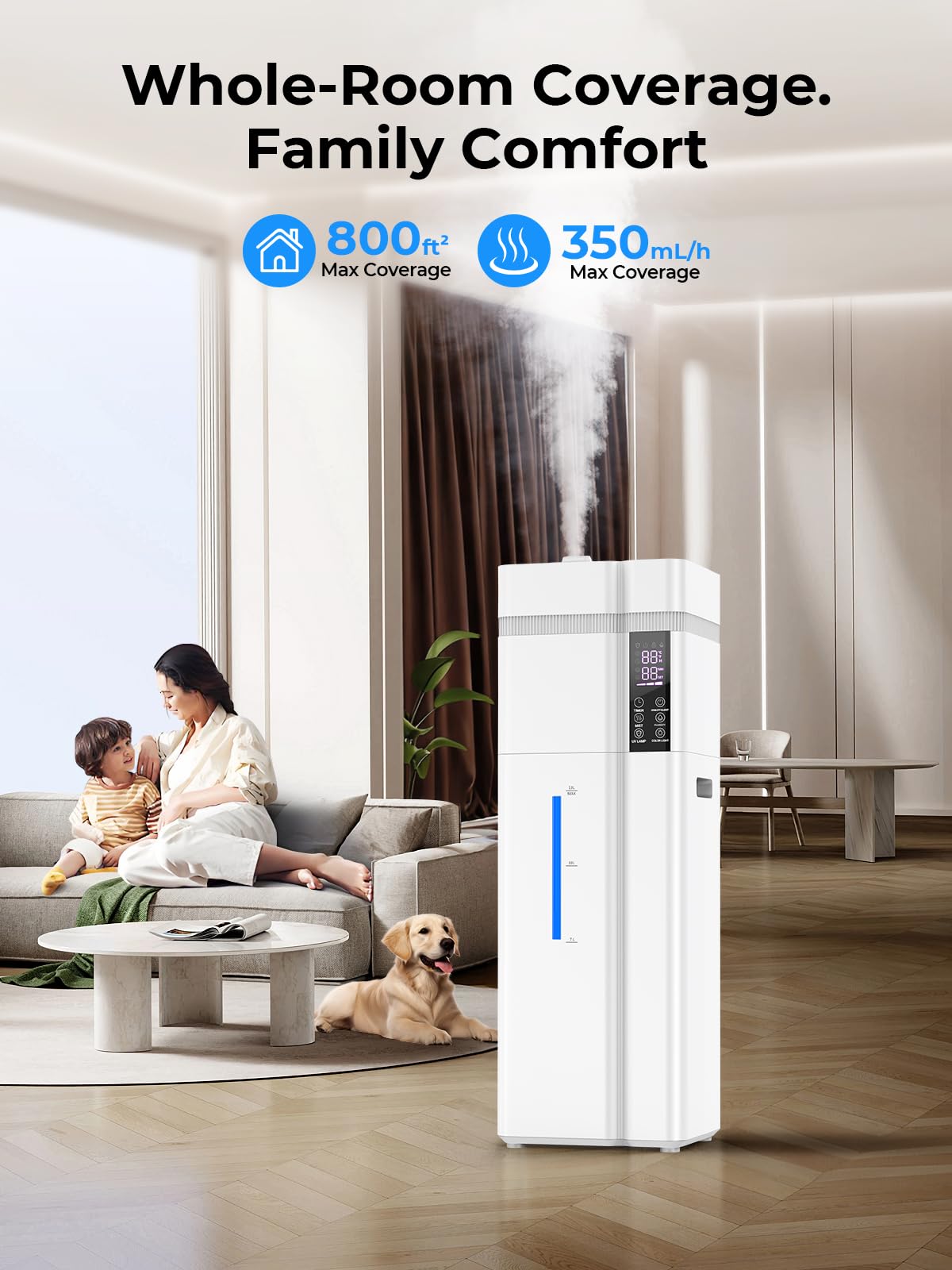 Humidificador de 13 L/3.43 galones para habitación grande, cobertura de 800 pies cuadrados, tiempo de funcionamiento de 100 horas, control automático de humedad, llenado superior, humidificadores para