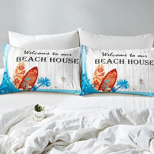 Miniatura 5 de Juego de funda de edredón de casa de playa, tamaño individual, tabla de surf, olas azules, cocoteros, para niños y niñas, juego de funda de edredón