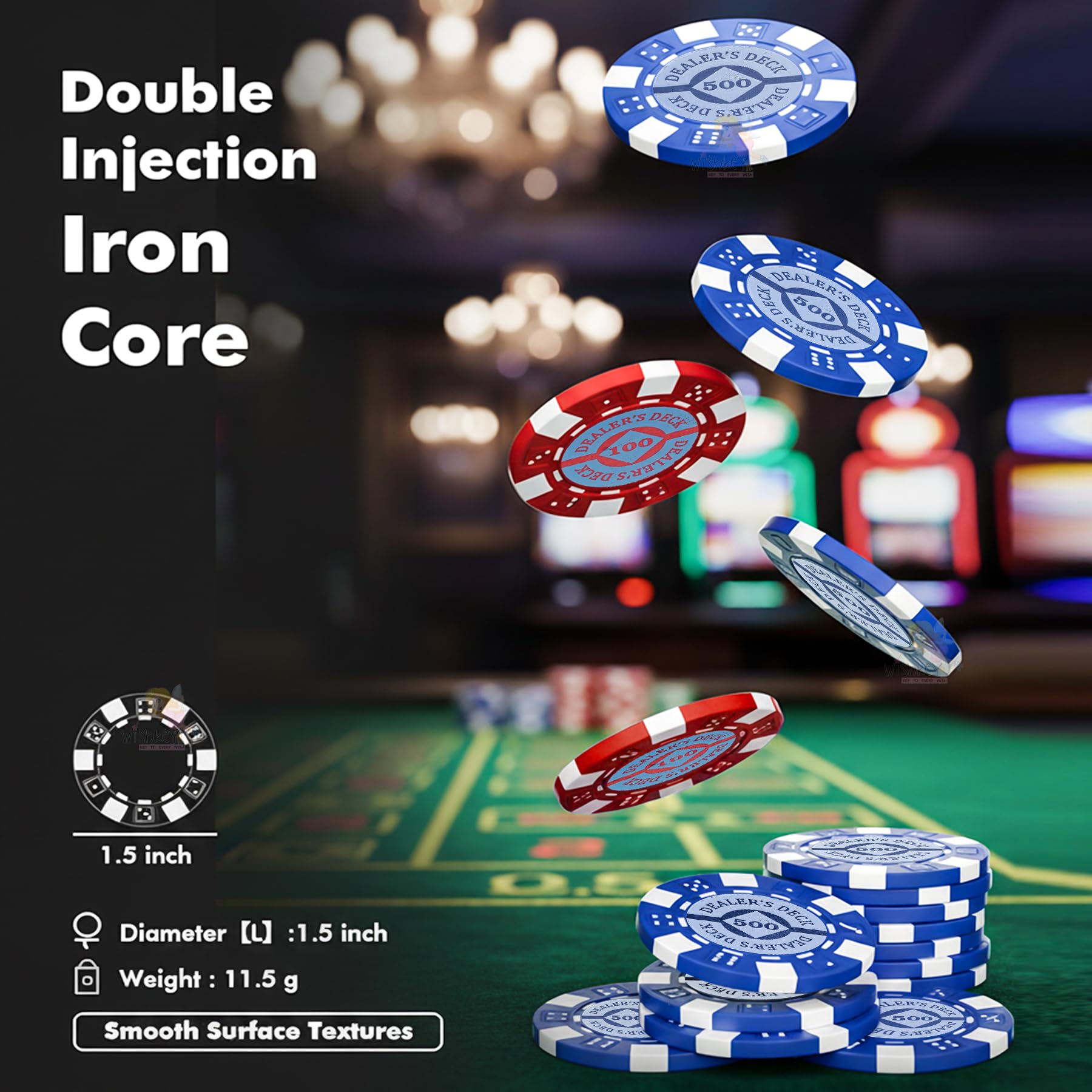 Wishkey Poker Chips Set 500 PCS With Rupee Printed Chips, 5 Dice, 2 Decks of Playing Cards, 3 Dealer Buttons & Premium Carry Case Casino Style Poker Game Set for Home Party, Friends & Family 14+ Years 3