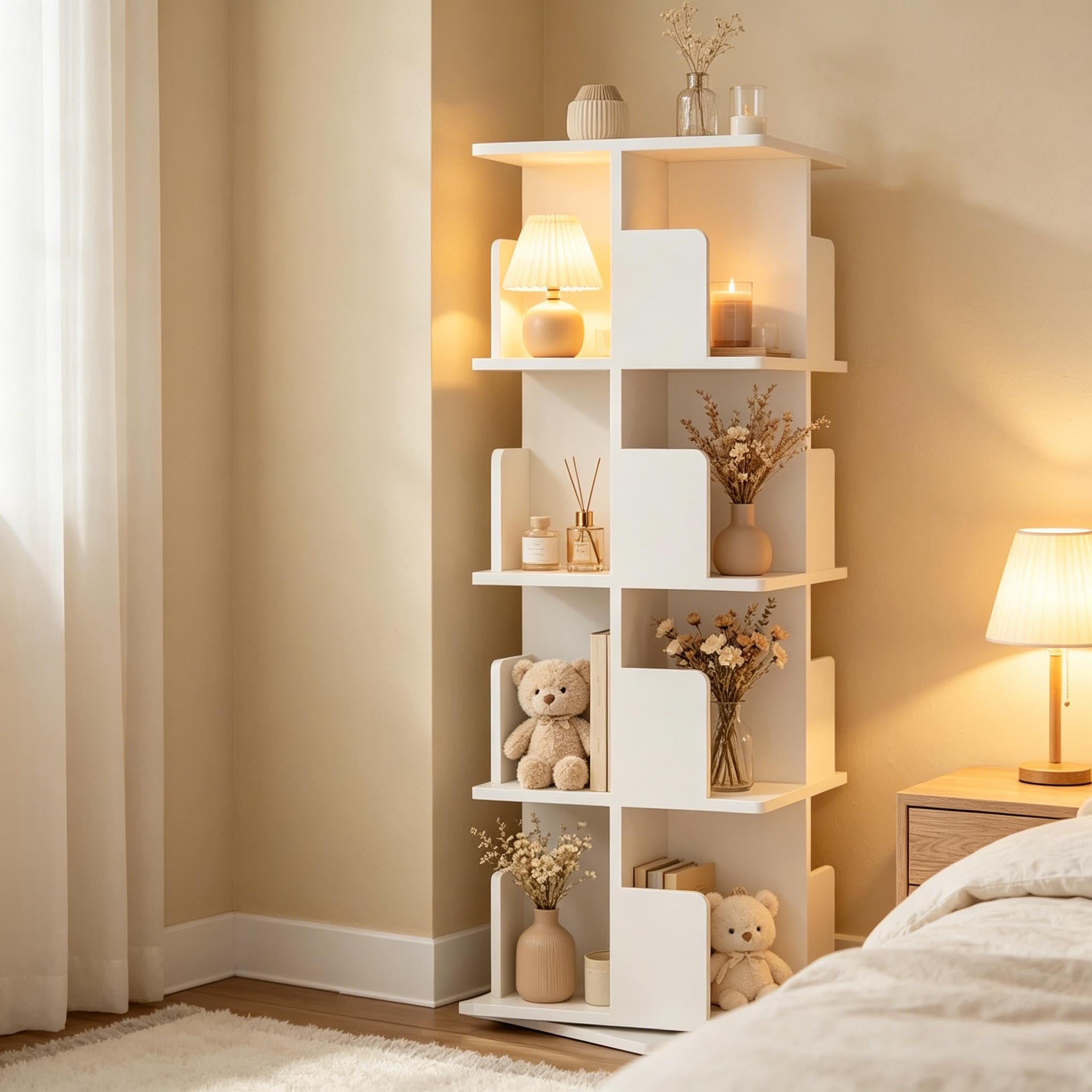 Librería giratoria blanca de 4 niveles para aprovechar esquinas pequeñas