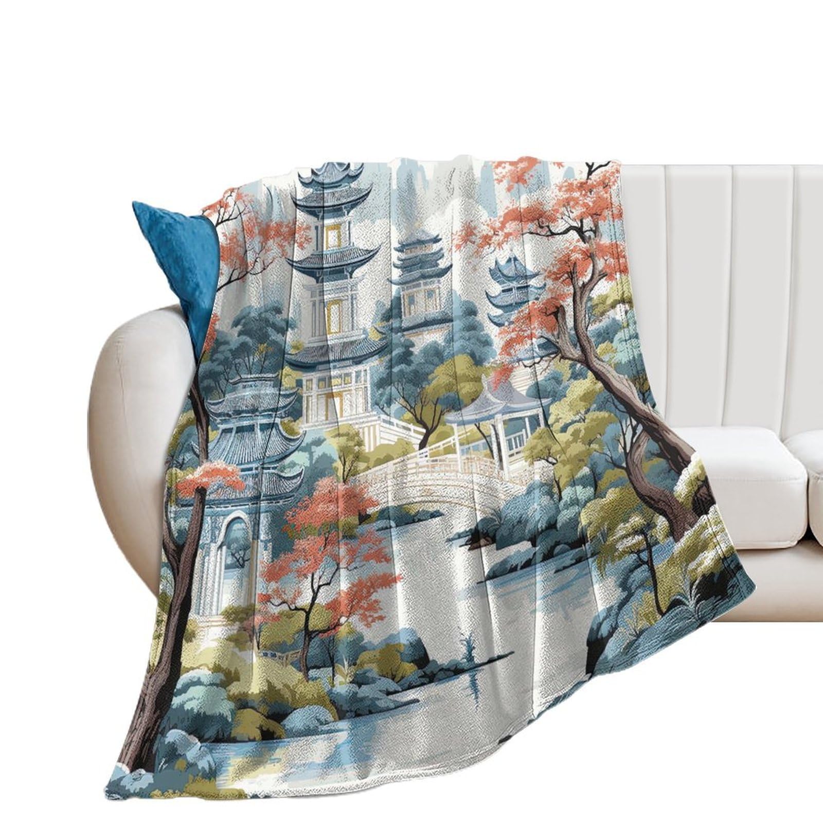 Couverture en flanelle Pagoda Chinoiserie 153x203cm au design asiatique raffiné