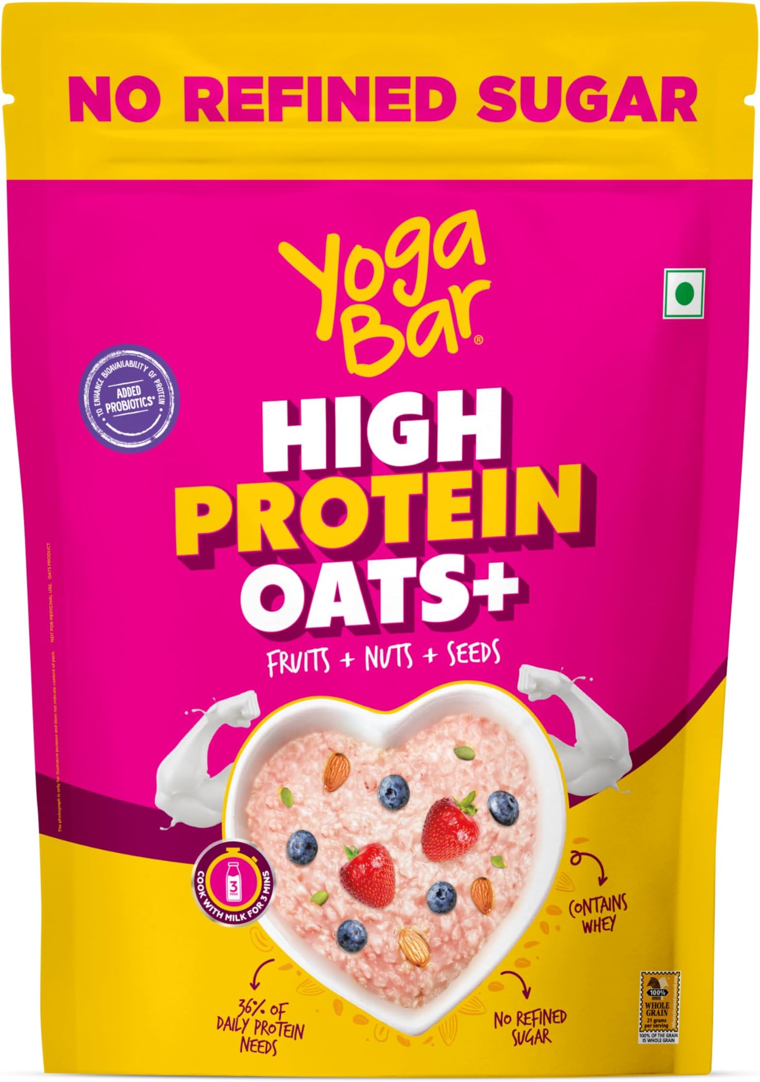 Yogabar High Protein Oats 850gm, Fruit & Super Seeds | 23g Protein, Breakfast Cereals Oatmeal For Weight Management | Complete and Pure Protein Blend with Whey + Soy
