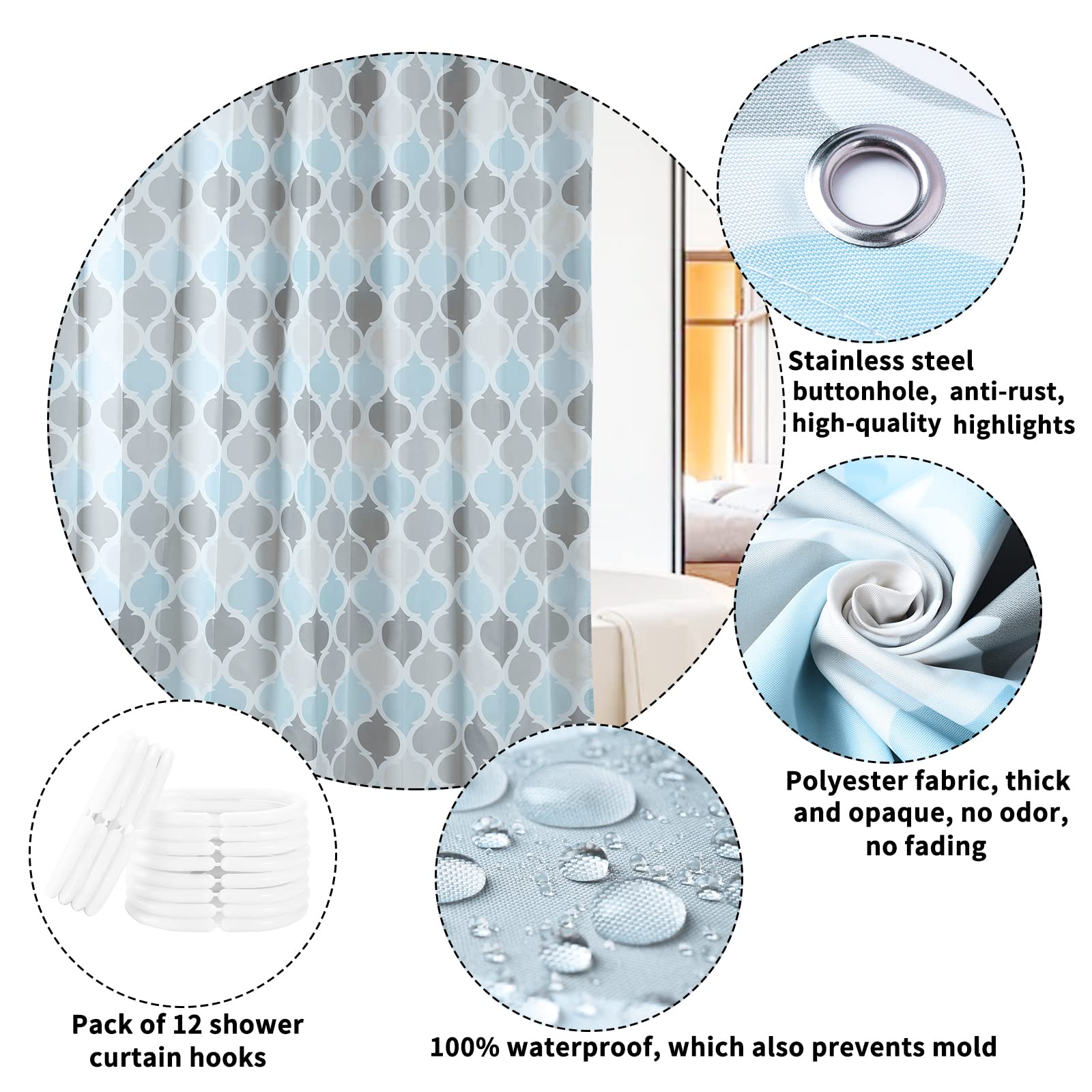 Miorkly Shower Curtain White,Anti-Mould Proof Resistant,Waterproof, Weighted Hem,Resistant Washable Bathroom Curtains - Image 3