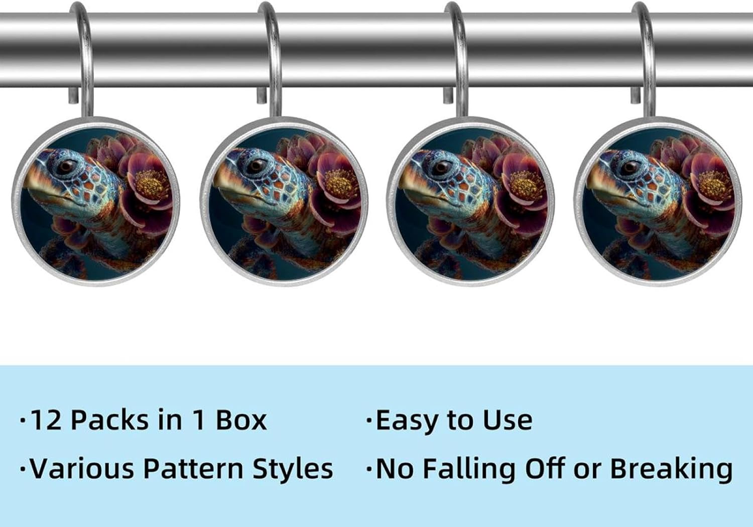 12PCS Sea Turtle Flower Shower Curtain Hooks Metal Rust Resistant Decorative Shower Curtain Hooks Bathroom Decorations