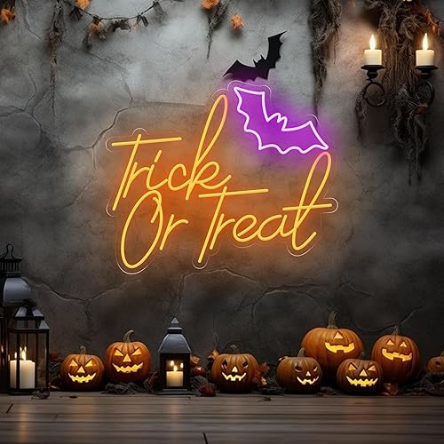 Miniatura 5 de Letrero de neón con texto en inglés "Trick or Treat", luz de neón LED de Halloween, decoración de noches de terror, para Halloween, fiesta, bar,
