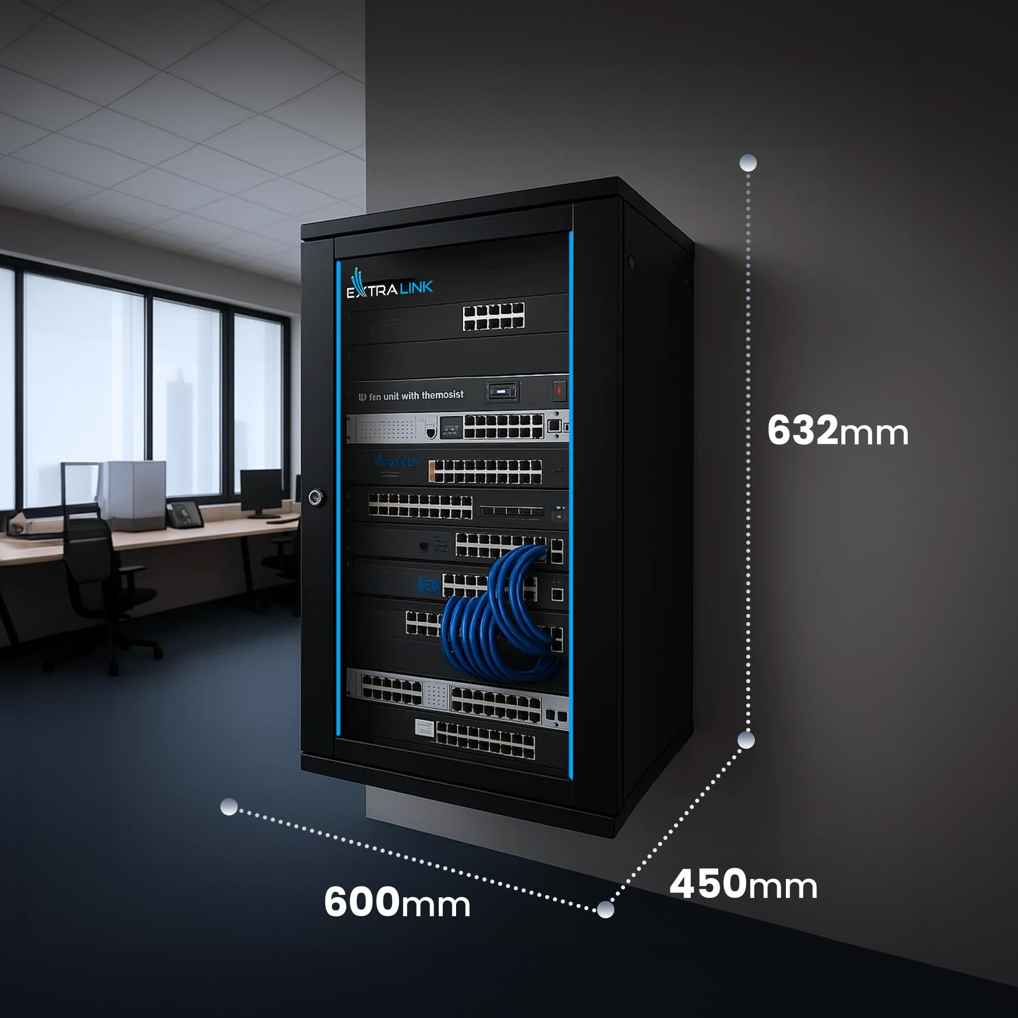 EXTRALINK Rack 19 cali 12U 600x450 mm szafa montażowa ścienna podłogowa 60 kg drzwi szklane 180° czarny