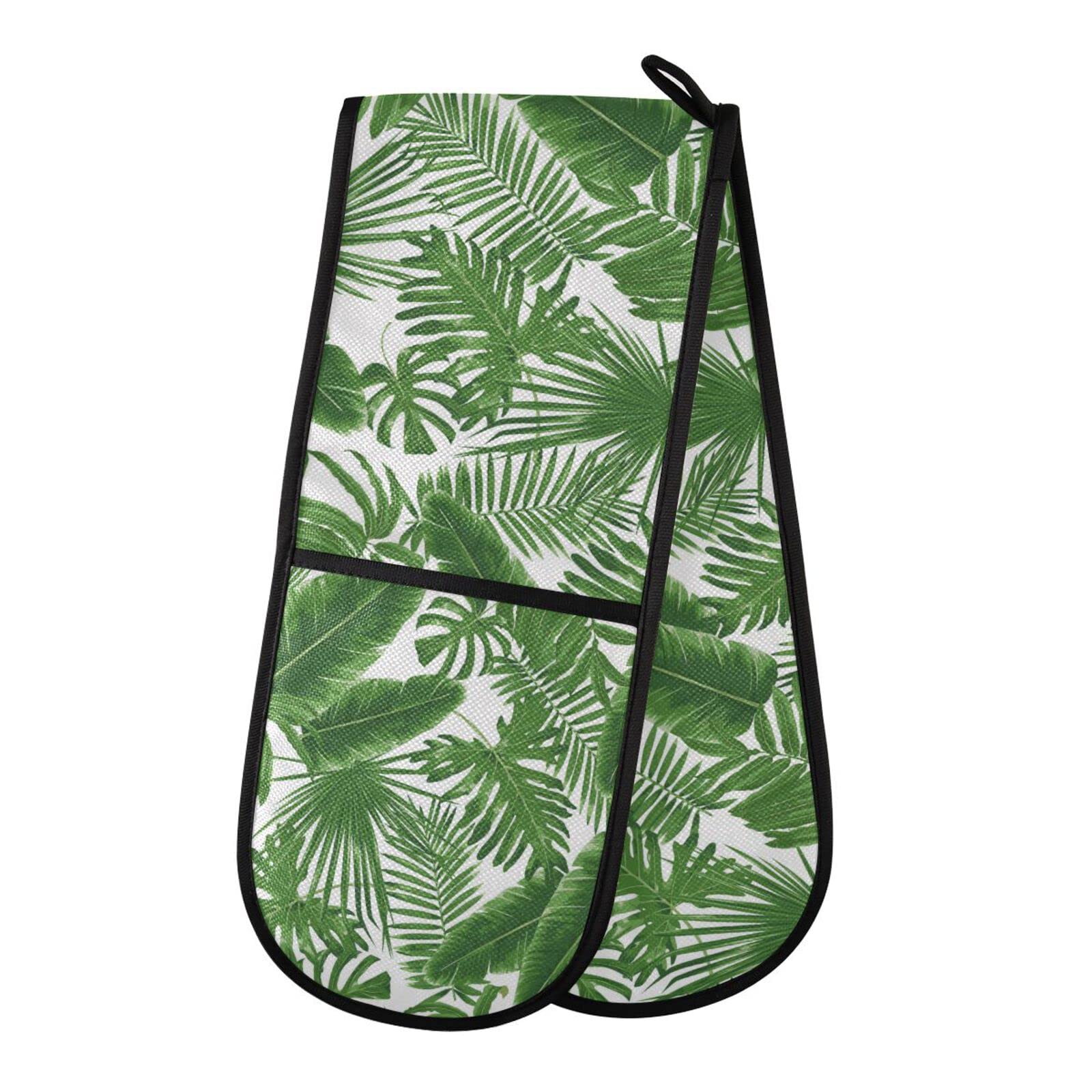 Double Oven Glove Tropical Palm Leaves Green Heat Resistant Double Ovens Mitt Modern Cooking Gloves Potholders