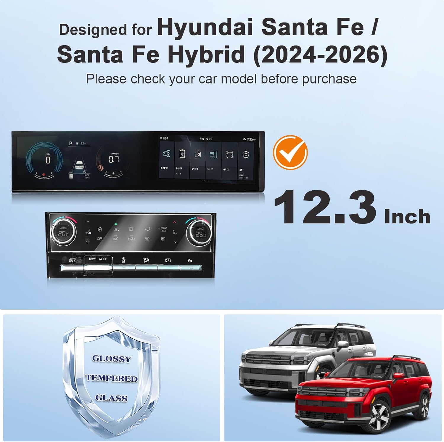 for 2025 Hyundai Santa Fe Screen Protector for 2024-2026 Santa Fe SEL/XRT/Limited/Calligraphy Hybrid 12.3" Main Infotainment & HVAC Displays Accessories Protective Film (Santa Fe 3 PIECE KIT)