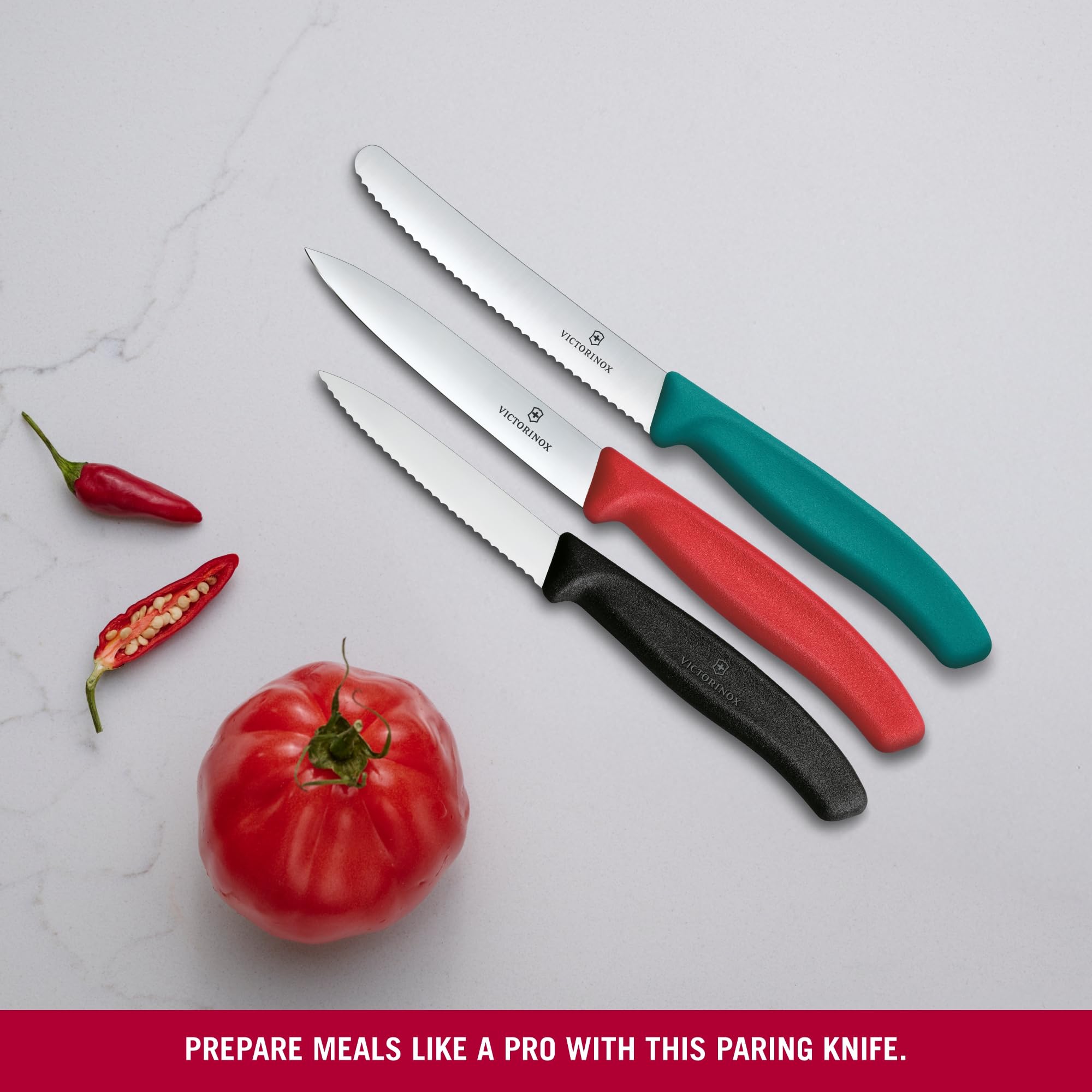 Victorinox Swiss Classic Gemüsemesser, Tomatenmesser und Frühstücksmesser Set, 3-teilig, Extra Scharf, Farbig