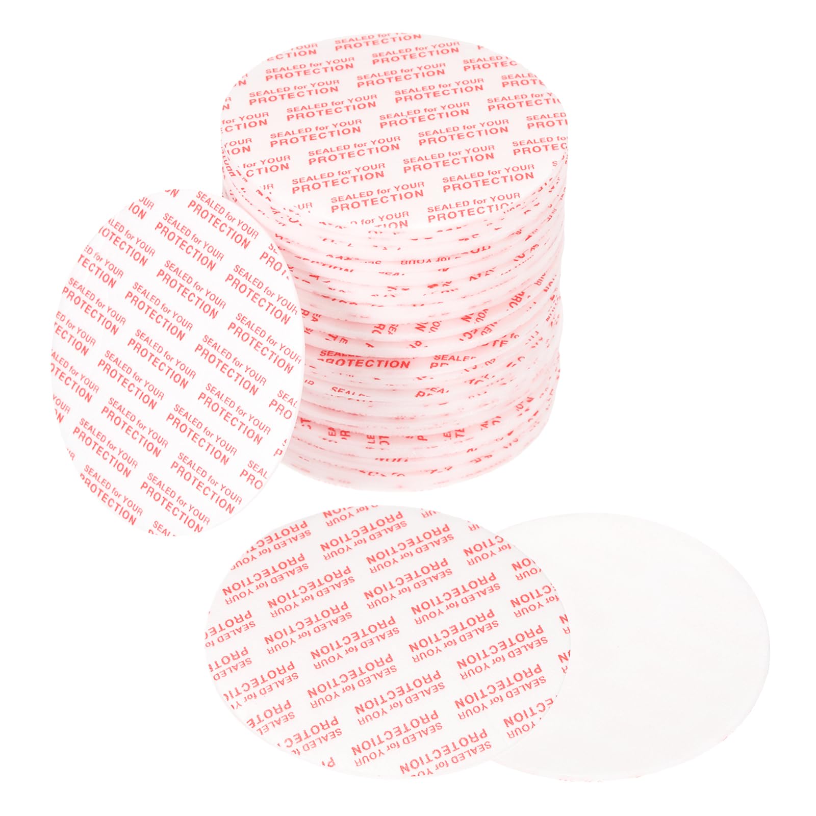 PATIKIL 53mm/2.09" Foam Lid Liner 75pcs Adhesive Round PS Pressure Sensitive Seals, Cap Liners Resistant Tamper for Plastic Glass Jar Bottle Cap Canning Vials Seals Red Text, White