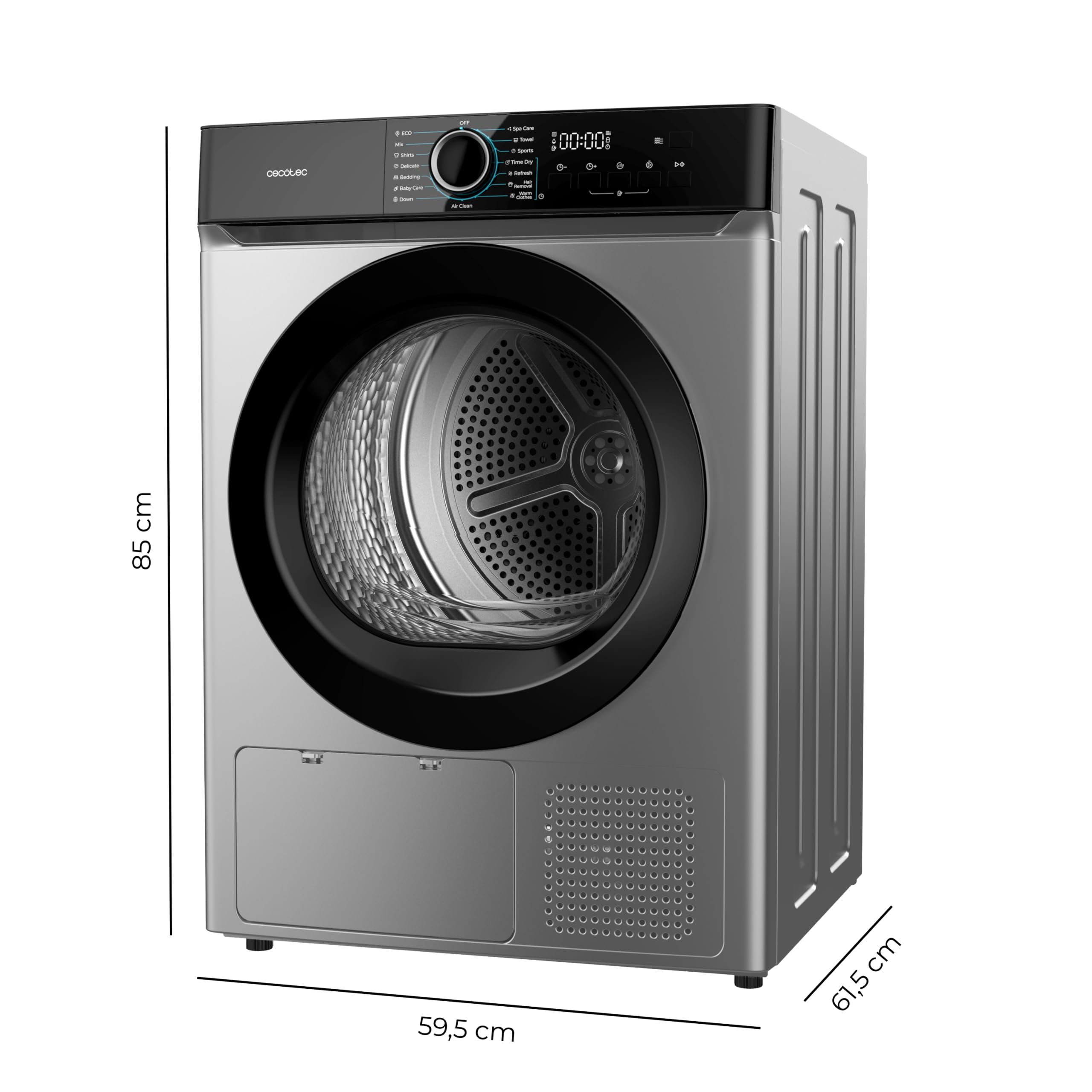 Cecotec Asciugatrice a Pompa di Calore 9Kg Bolero Dresscode Dry 9180 Steel.650W, Classe E(A++), 15 Programmi, 3 Livelli Asciugatura, SpaCare, Antipiega, Accessorio Scarpe, Steel, Risparmio Energetico