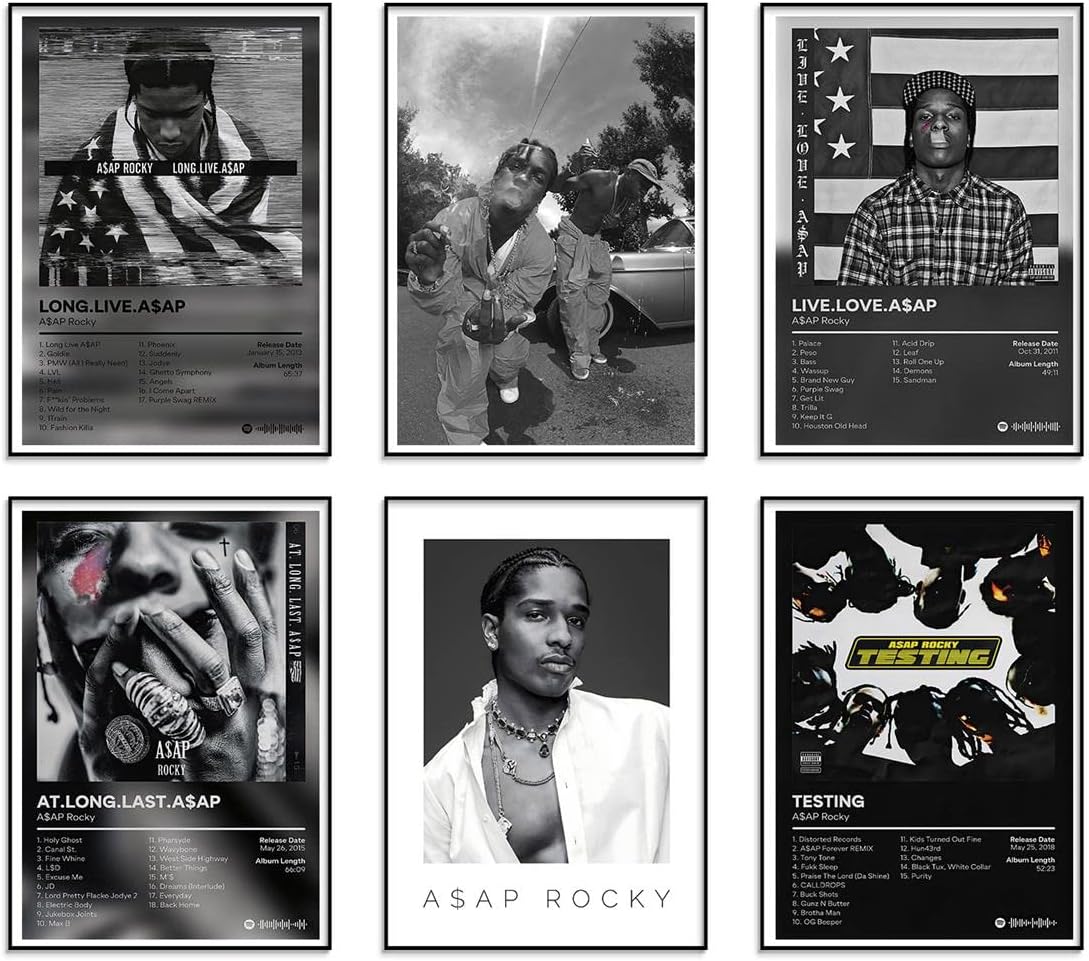 ASAP Rocky Poster Album Cover Limited Edition Posters ๏ผRapper Music Posters Room Aesthetic Canvas Wall Art Prints for Teens, Boys, Girls Room Decor Set of 6 for (8x12inch, Unframed)