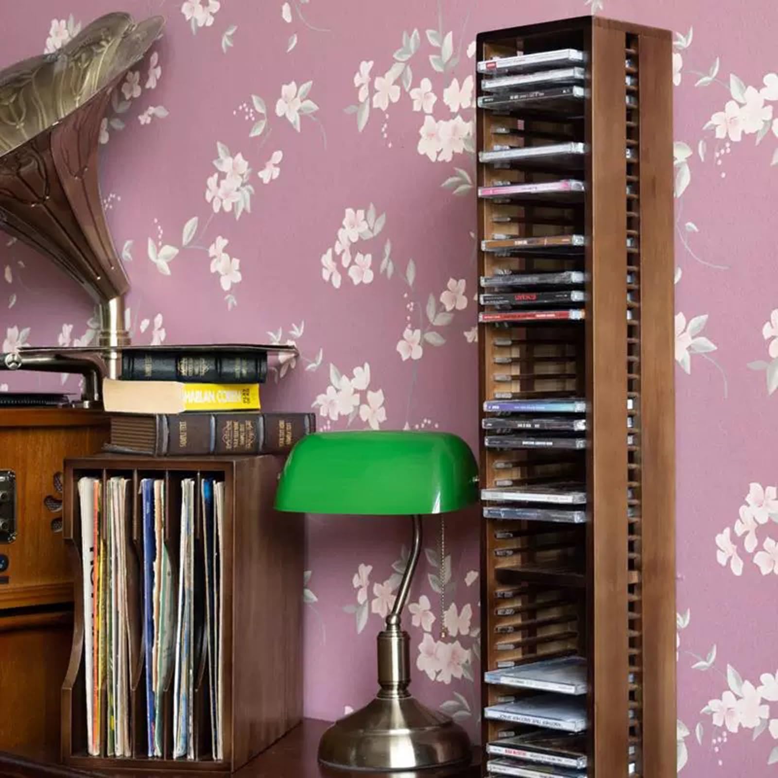 Supporto per CD in legno di pino di noce retrò, verticale da pavimento, per film e musica, grande capacità, contiene 60 custodie per dischi, perfetto per la nizzazione home theatre.