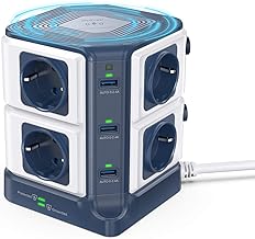 BESTEK Power Strip Surge Arrester with Qi Induction Charger 10 W, Surge Protector with 8 EU Sockets and 6 USB Ports 2.4 A, Multi-Socket with Wireless Charging Station, 1500J Surge Protection,