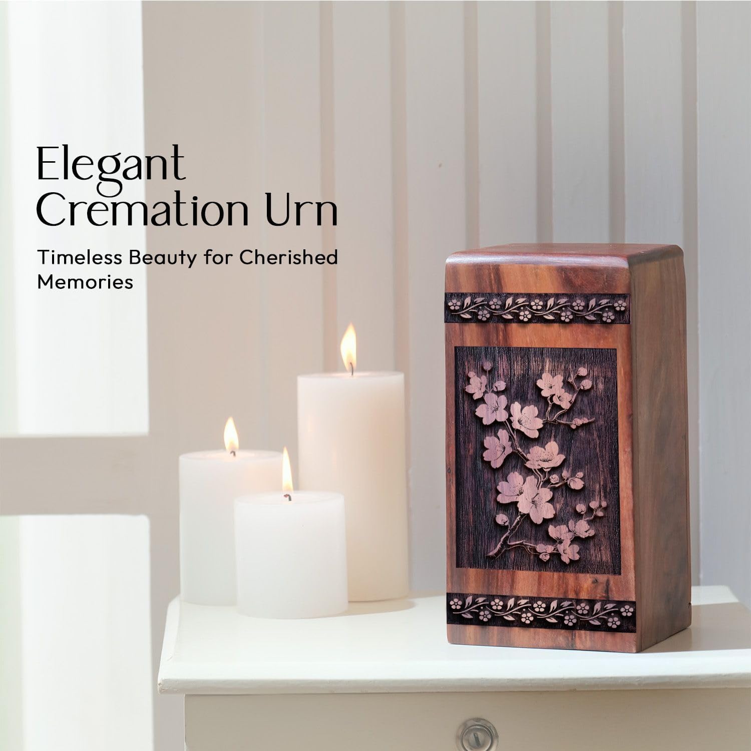 JAGASY Cherry Blossoms Cremation Urns for Human Ashes - Large Urn for Ashes Adult Male - Wooden Box - Urn for Ashes for Women - Unique Urns for Human Ashes - Decorative Urns (Size - 10 Inch)
