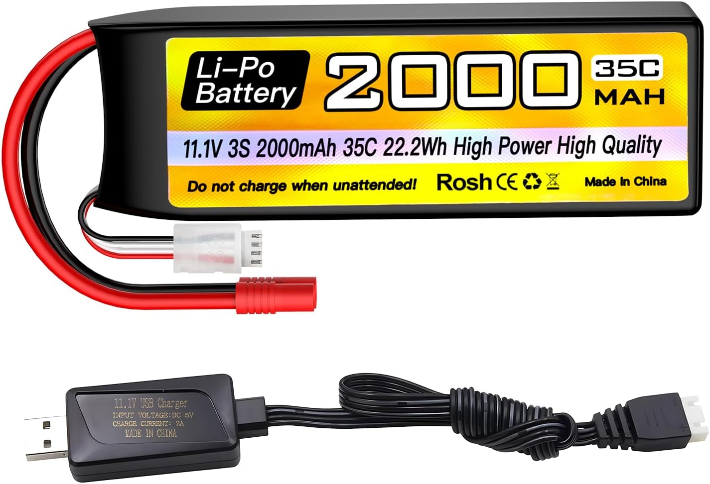 sea jump 3S Lipo Battery 11.1V 2000mAh 35C with 3.5mm Banana Head Plug and USB Charging Cable Suitable for RC Car, Truck, RC Boat, Quadcopter Aircraft, FPV Drone Battery