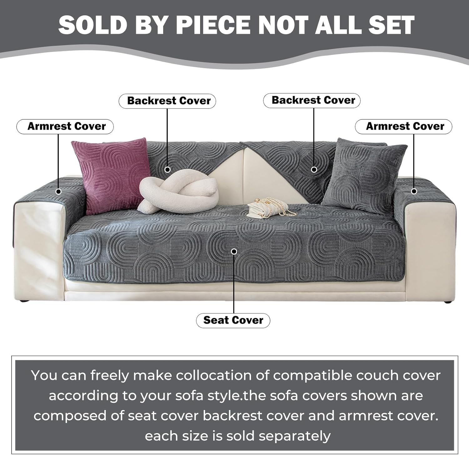 Soft Plush Geometric Quilted Couch Sofa Cover Boho Non Slip Fuzzy Sectional Couch Cover Solid Color Washable Sofa Slipcover Furniture Protector for Kids Dogs Cats (Dark Grey,28"x59")